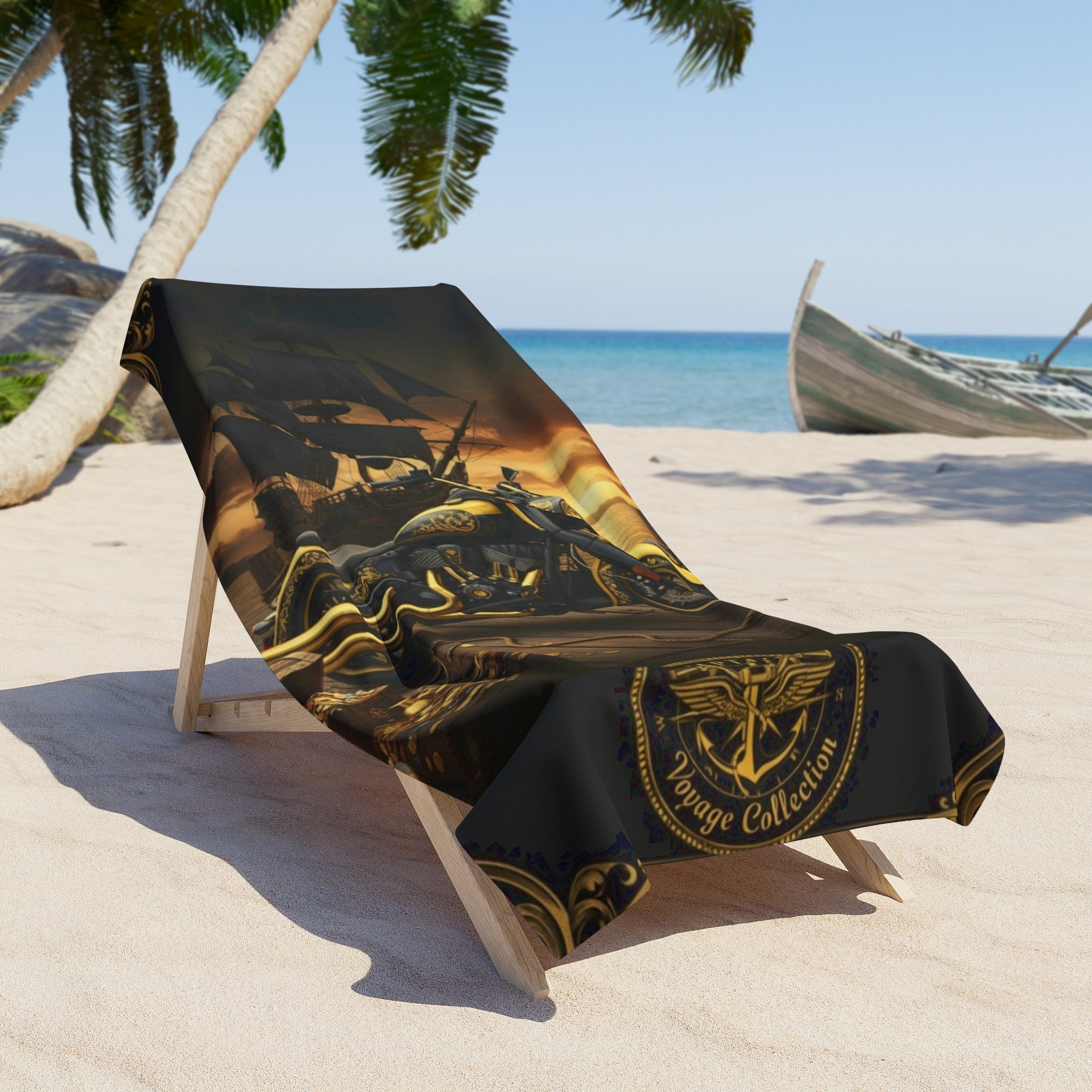 Pirate Motorcycle Beach Towel — Vintage Skull & Ship Sunset Design