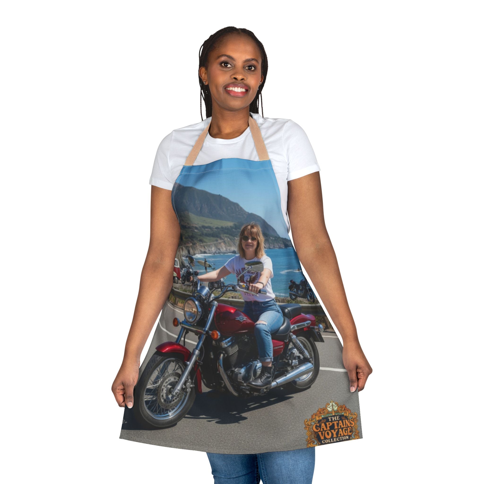 Custom Motorcycle Photo Apron — Personalized Biker Cook Apron with Scenic Ride Print
