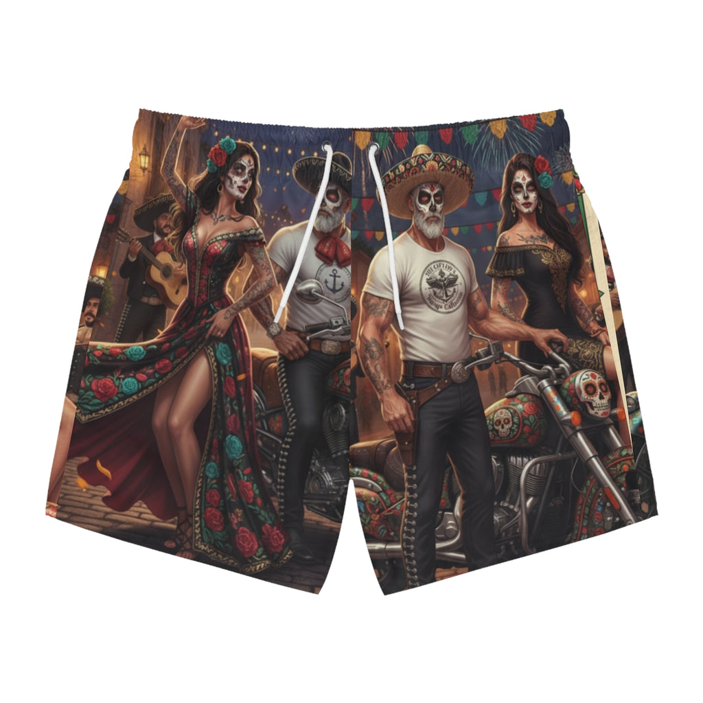 Day of the Dead Motorcycle Swim Trunks — Sugar Skull Biker All-Over Print