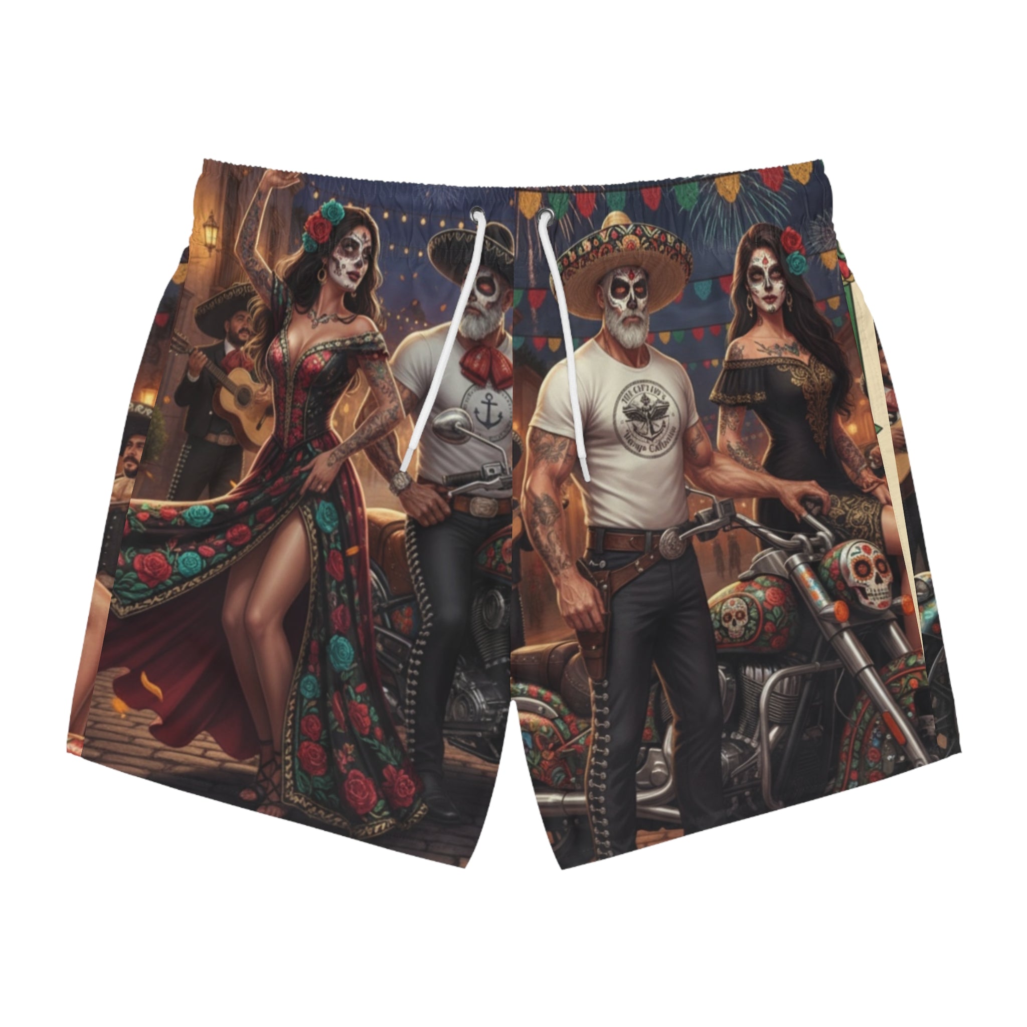 Day of the Dead Motorcycle Swim Trunks — Sugar Skull Biker All-Over Print
