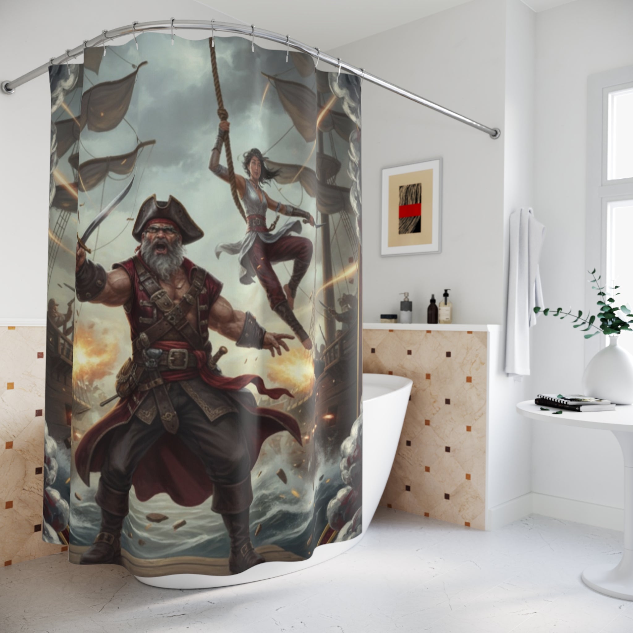 Pirate Battle Shower Curtain — Vintage Sea Captain & Swashbuckler Nautical Bathroom Decor