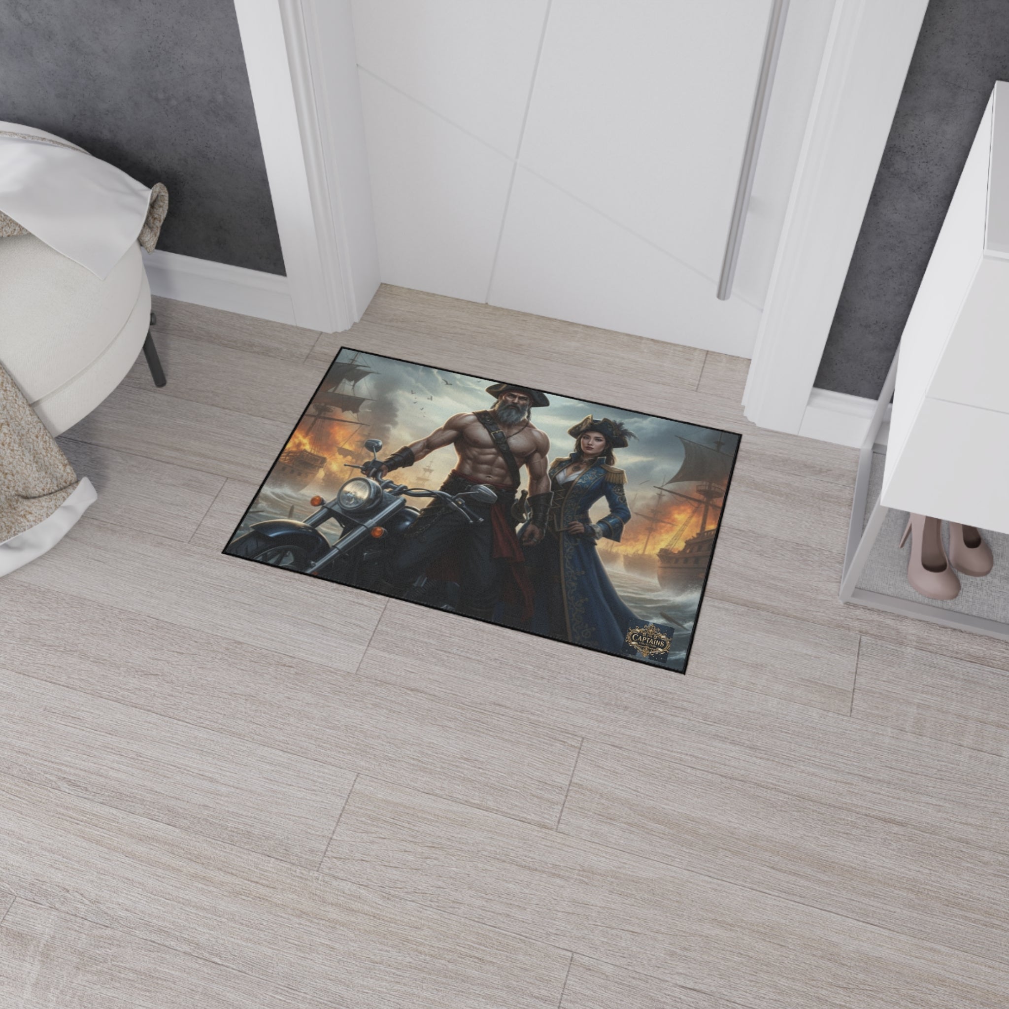 Pirate Captain & Corsair Heavy-Duty Floor Mat — Nautical Motorcycle Art Rug
