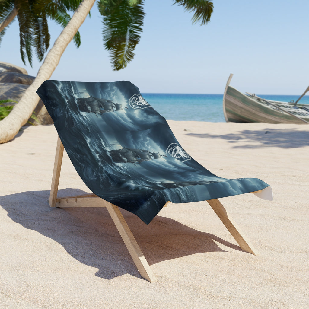 Nautical Storm Ship Beach Towel — Dark Sailing Voyage Design