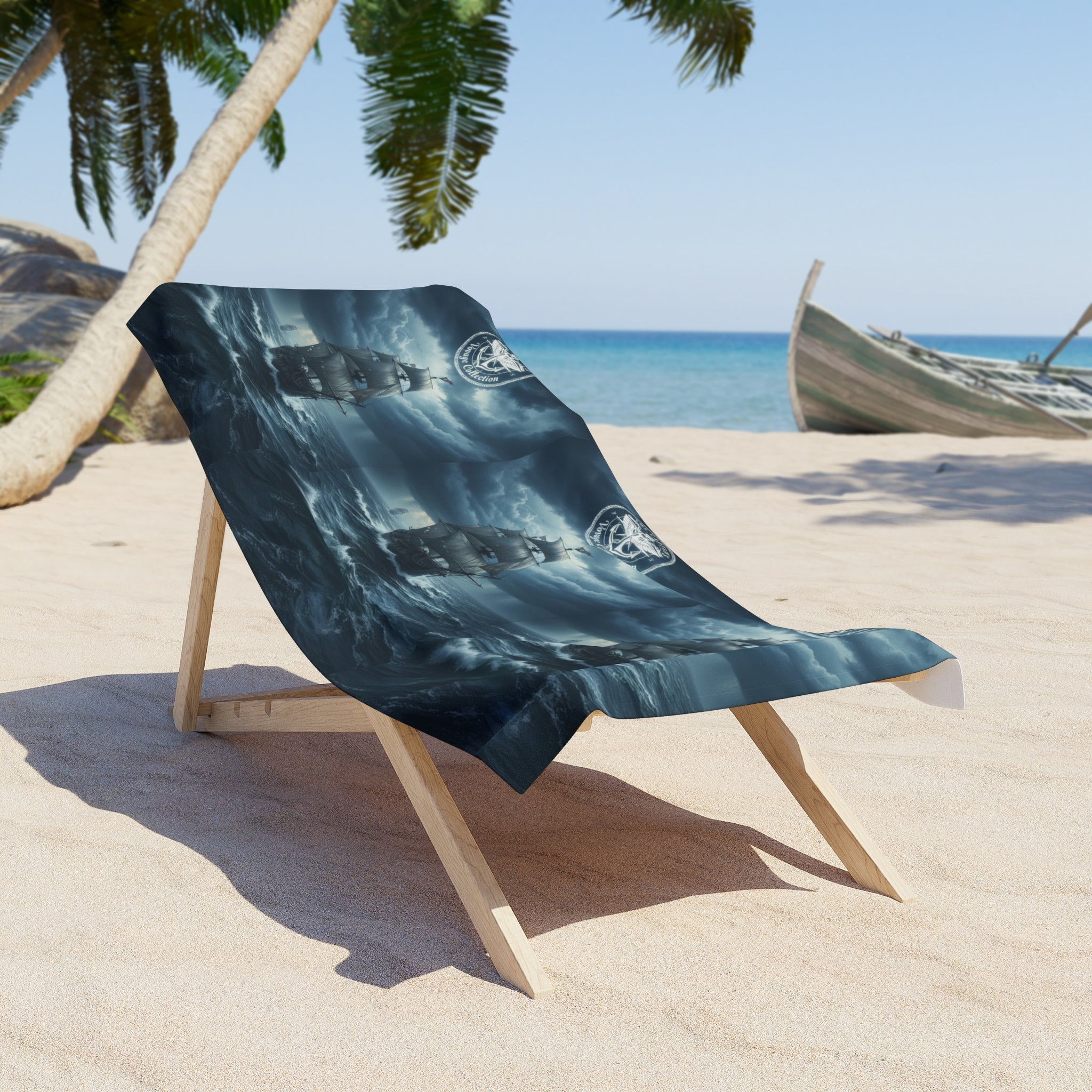 Nautical Storm Ship Beach Towel — Dark Sailing Voyage Design