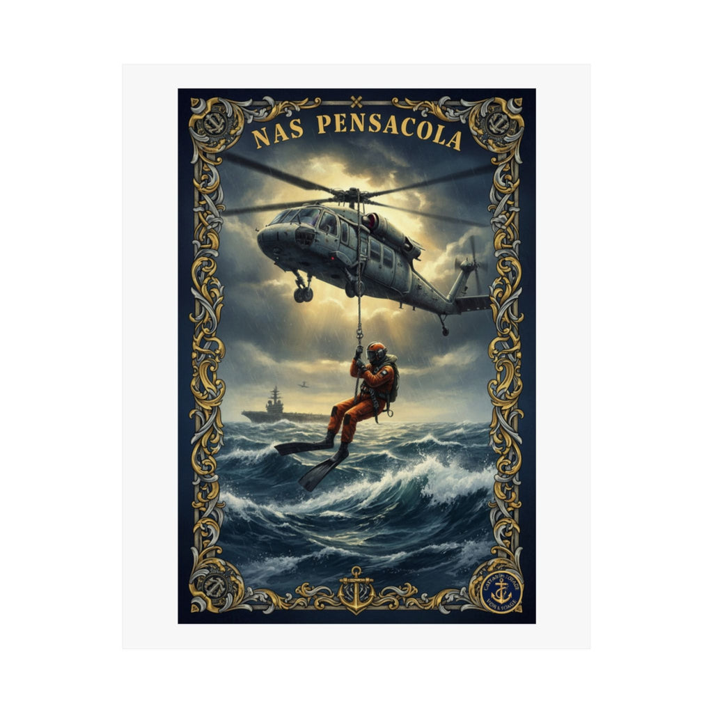 NAS Pensacola Rescue Helicopter Matte Poster — Search & Rescue Nautical Wall Art