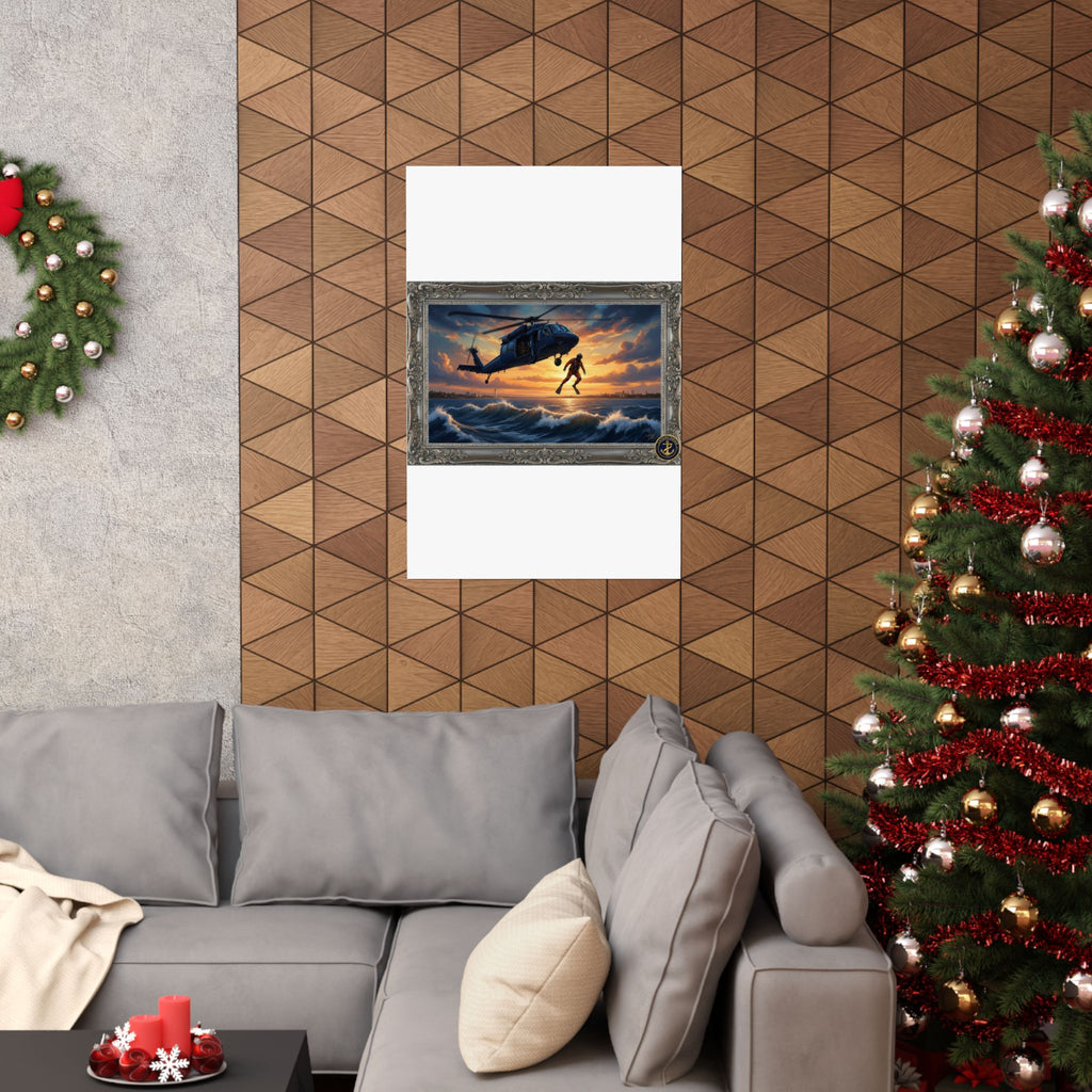 Rescue Helicopter Sunset Poster — Matte Vertical Aviation Wall Art