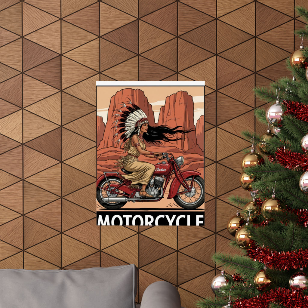 Motorcycle Vintage Poster — Native Woman on Red Indian Bike Matte Vertical Art Print