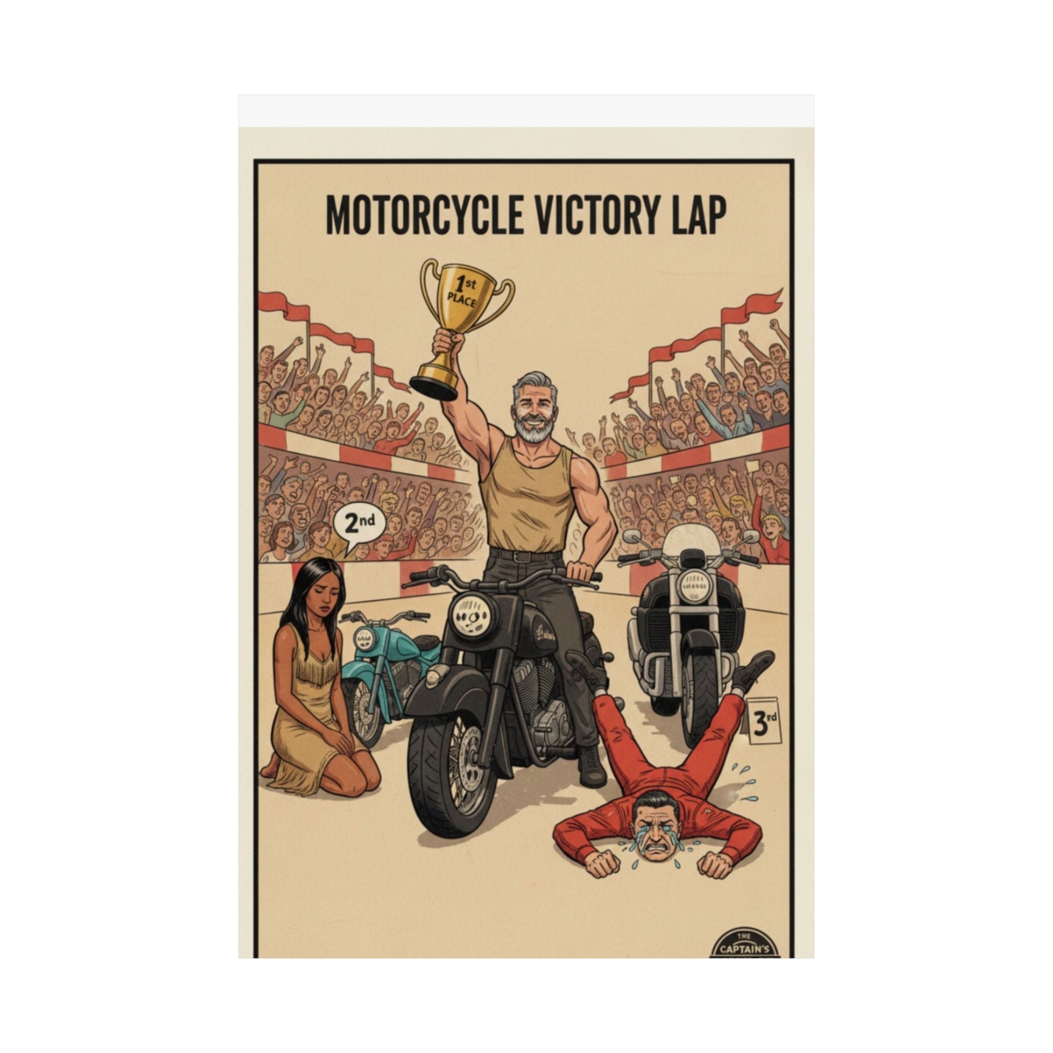 Motorcycle Victory Lap Poster — Retro Biker Triumph Matte Vertical Art