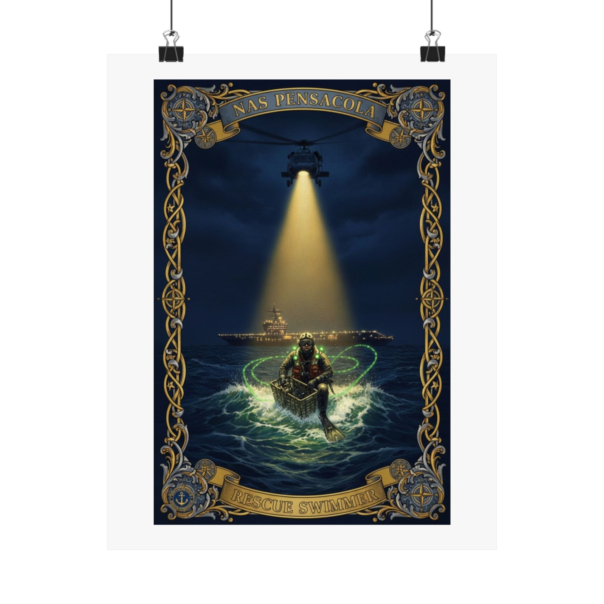 Nautical Rescue Matte Poster — Lighthouse Search & Shipwreck Scene