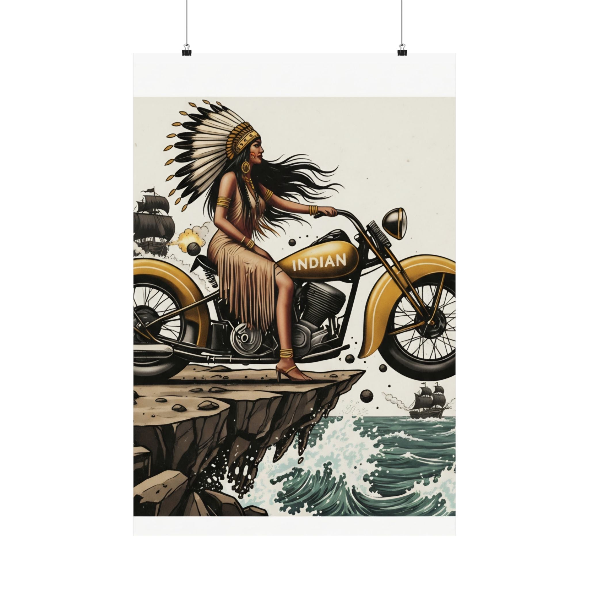 Vintage Indian Motorcycle Poster — Native Rider Matte Vertical Art Print