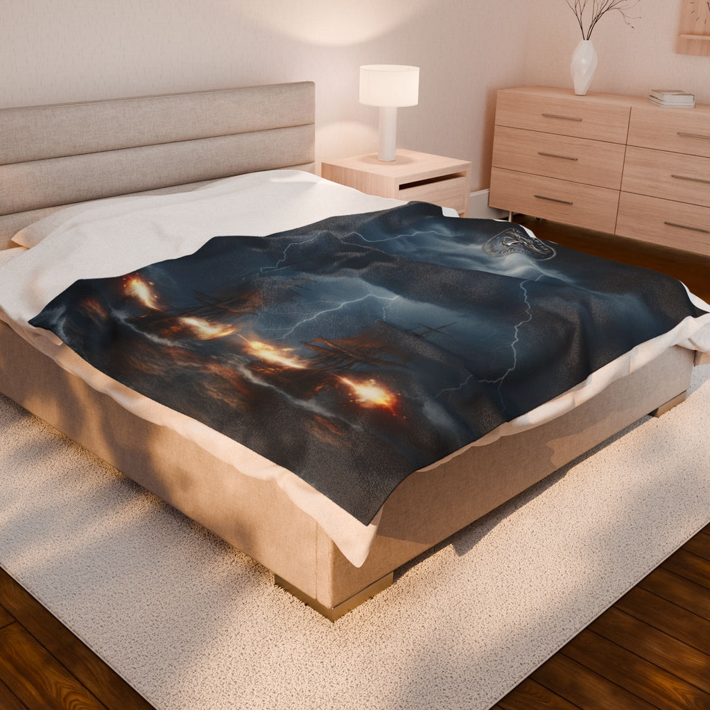 Naval Battle Velveteen Plush Blanket – Stormy Ship Warfare Design