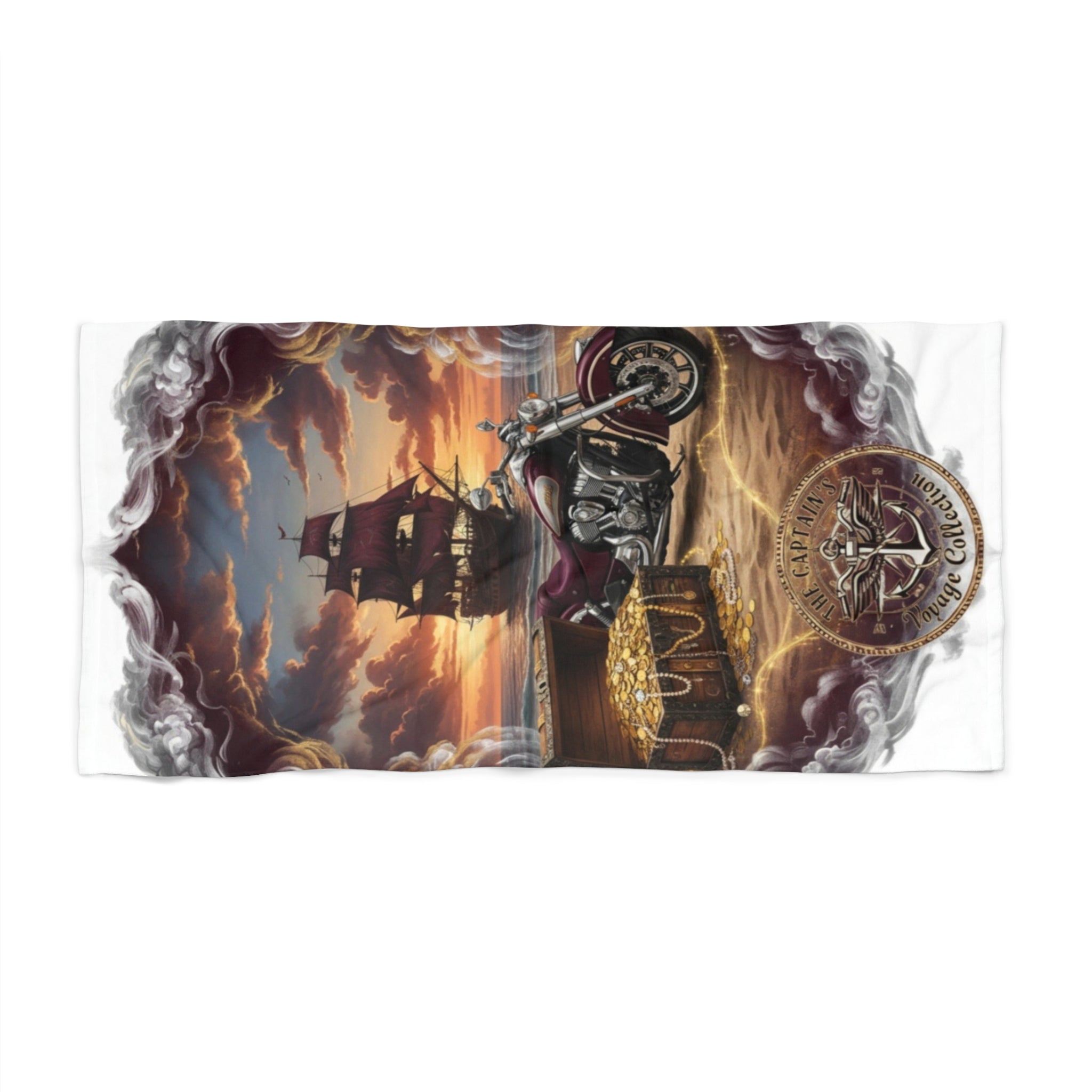 Pirate Treasure Ship Beach Towel — Vintage Compass & Skull Sunset Design