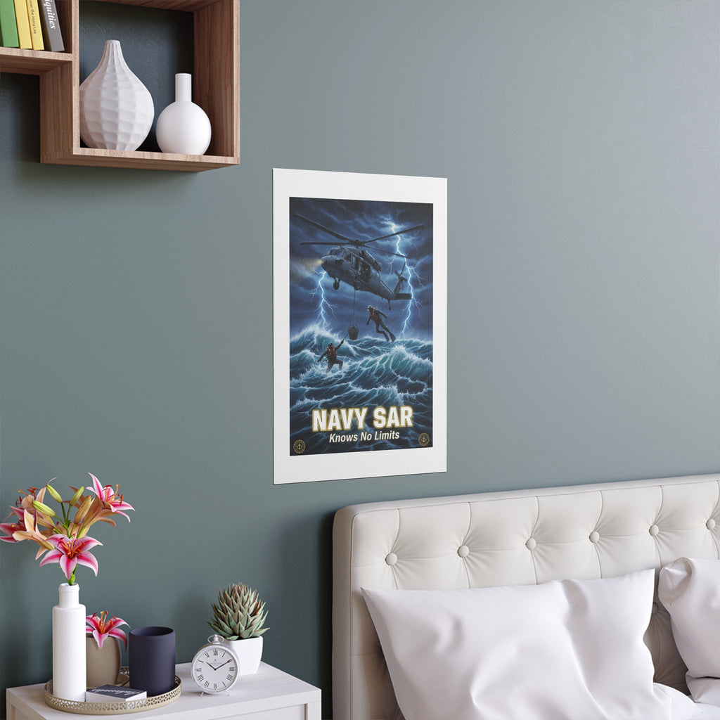 Navy SAR Silk Poster — "Knows No Limits" Rescue Helicopter Art (Indoor/Outdoor)