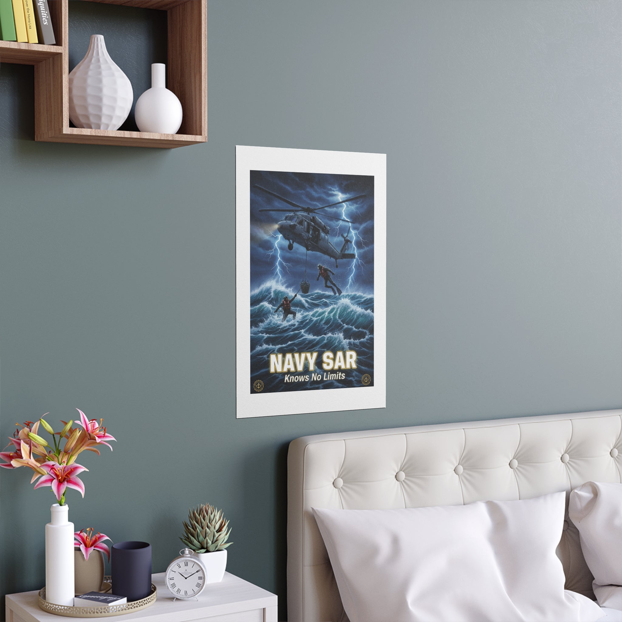Navy SAR Silk Poster — "Knows No Limits" Rescue Helicopter Art (Indoor/Outdoor)