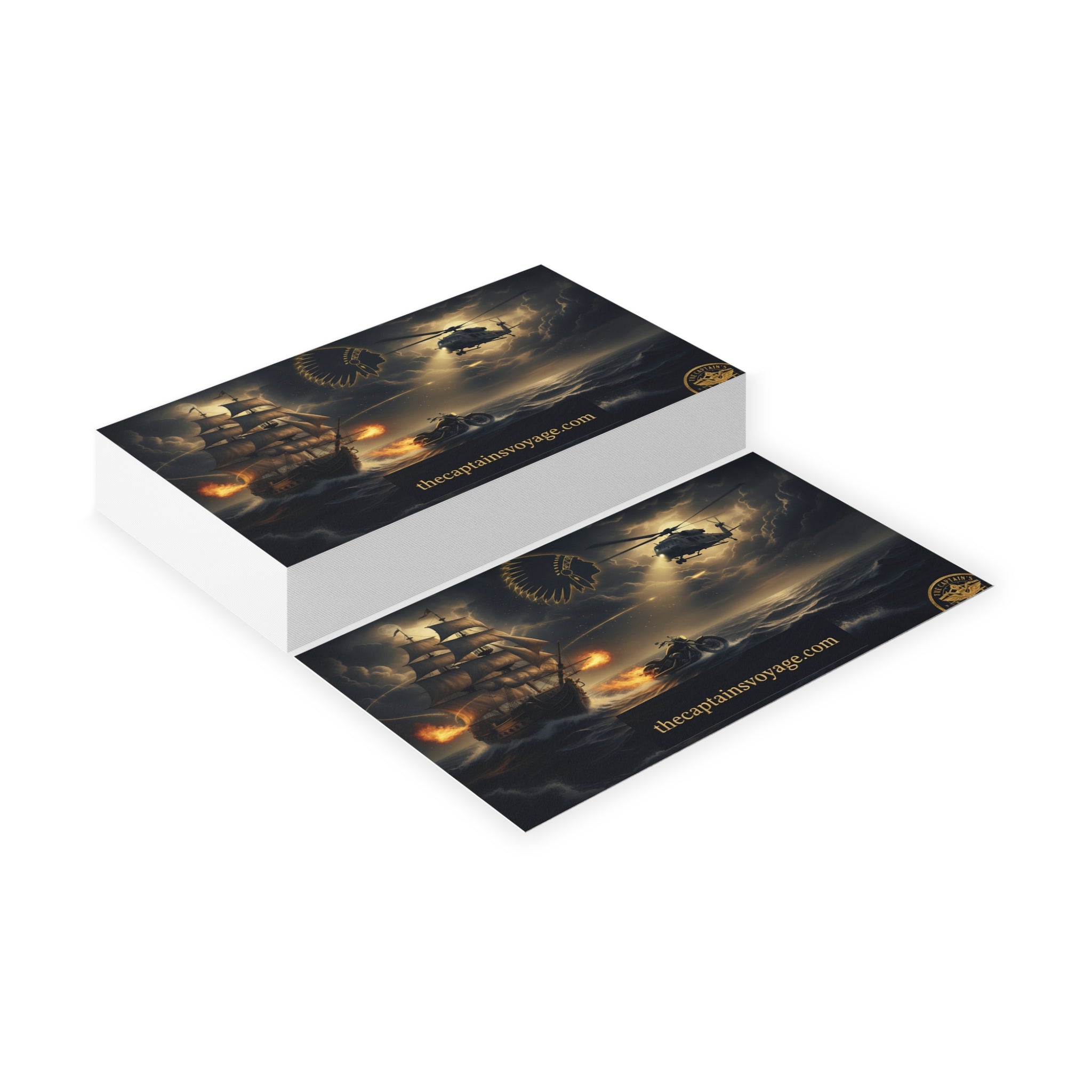 Business Cards — Nautical Adventure Scene with Ship, Helicopter & Motorcycle (thecaptainsvoyage.com)