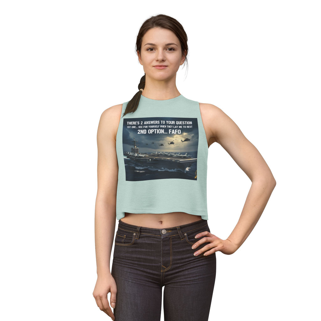 Women’s Crop Top – Military Aircraft Carrier Graphic with “2nd Option…F A F O” Text