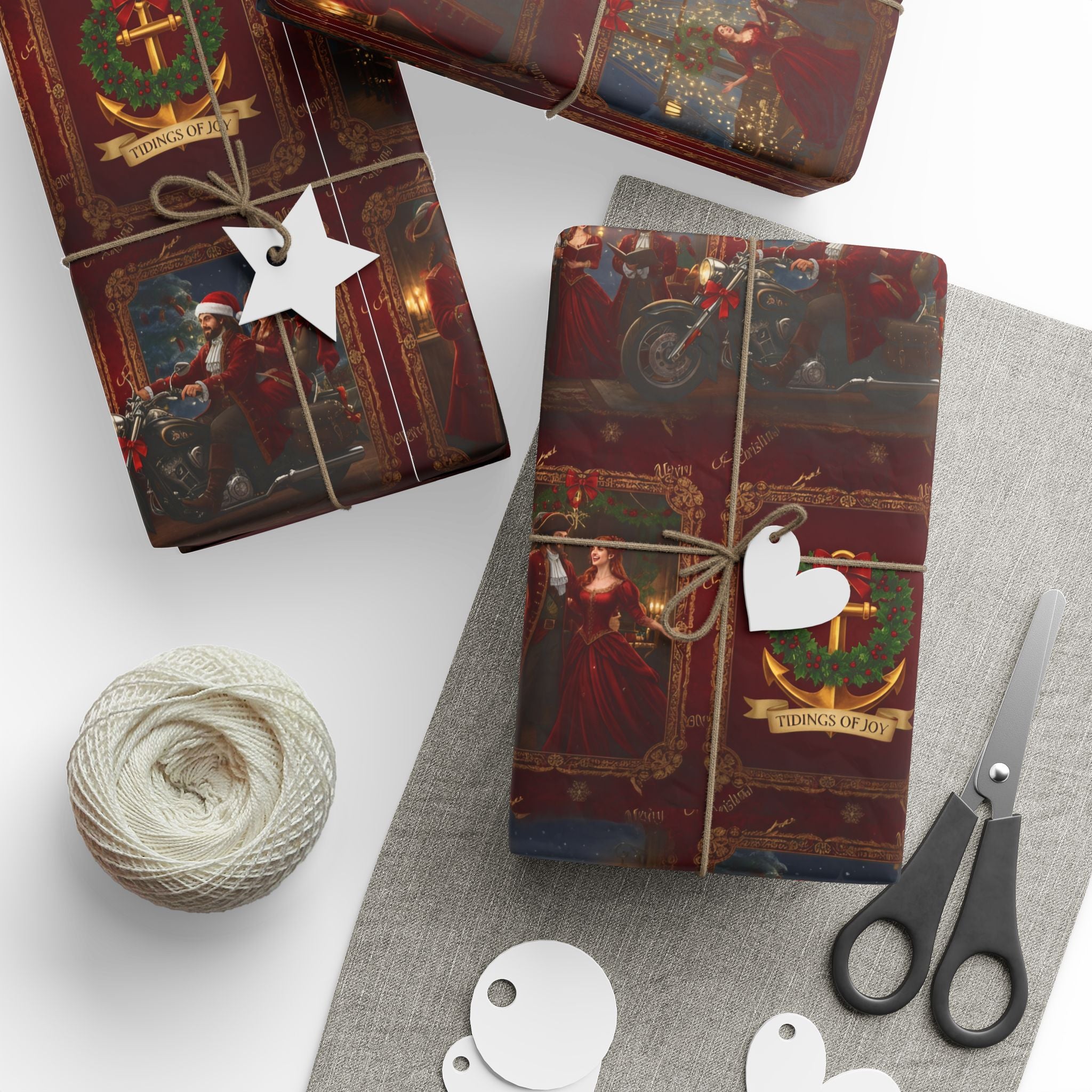 Wrapping Paper Roll — Vintage Holiday Sleigh & Ornament Pattern (Red & Gold)