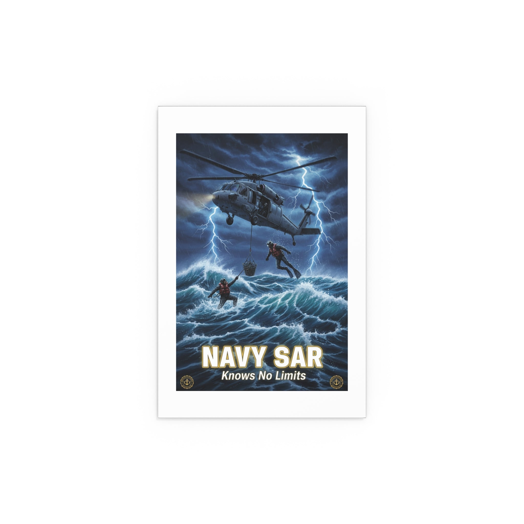 Navy SAR Silk Poster — "Knows No Limits" Rescue Helicopter Art (Indoor/Outdoor)