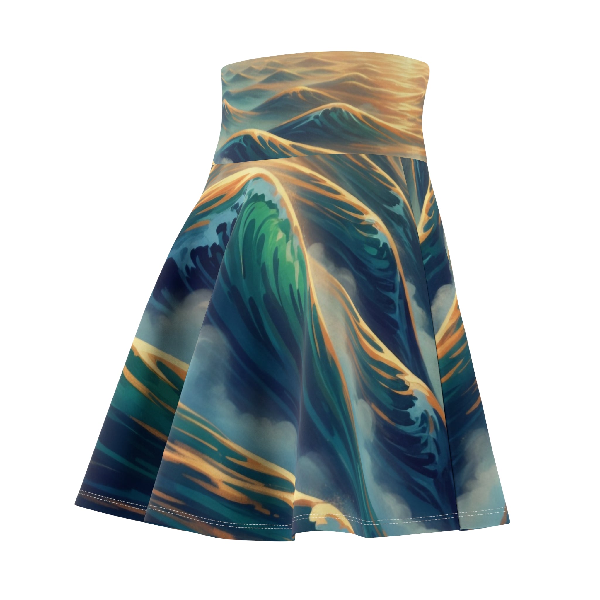 Ocean Wave Skater Skirt — Artistic Teal & Gold All-Over Print