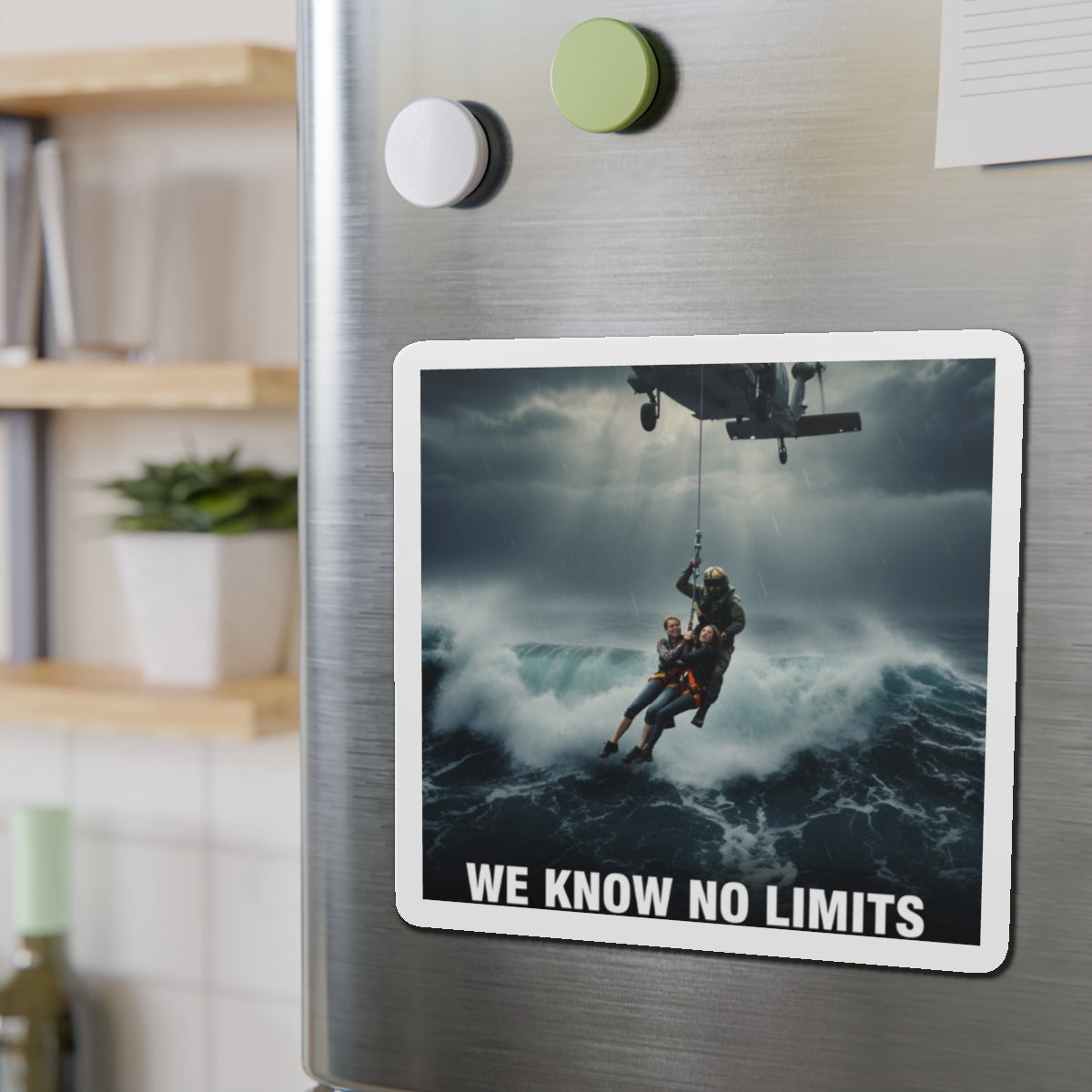 Rescue Helicopter Die-Cut Magnet — 'We Know No Limits' Ocean Rescue Design