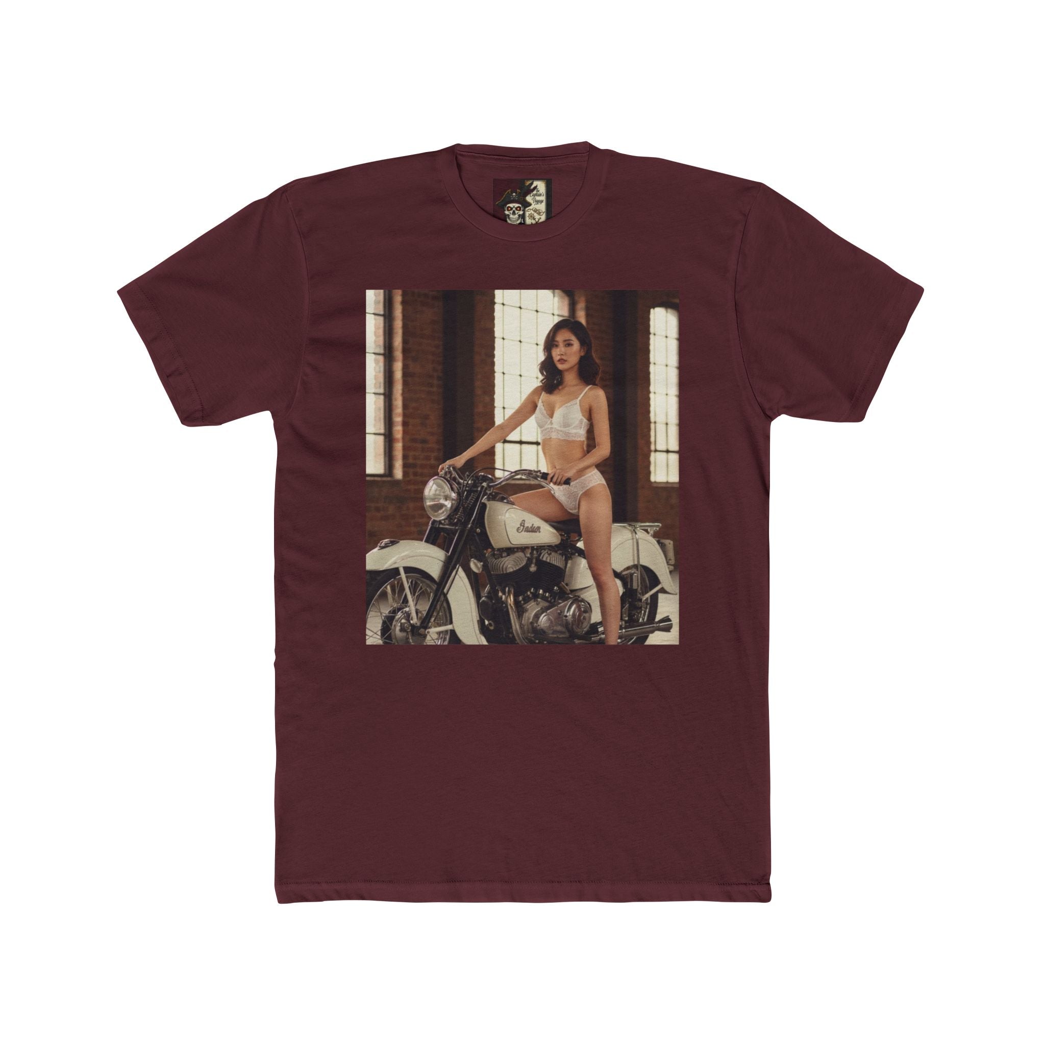 Vintage Motorcycle Pinup Tee — Retro Biker Photo Crewneck