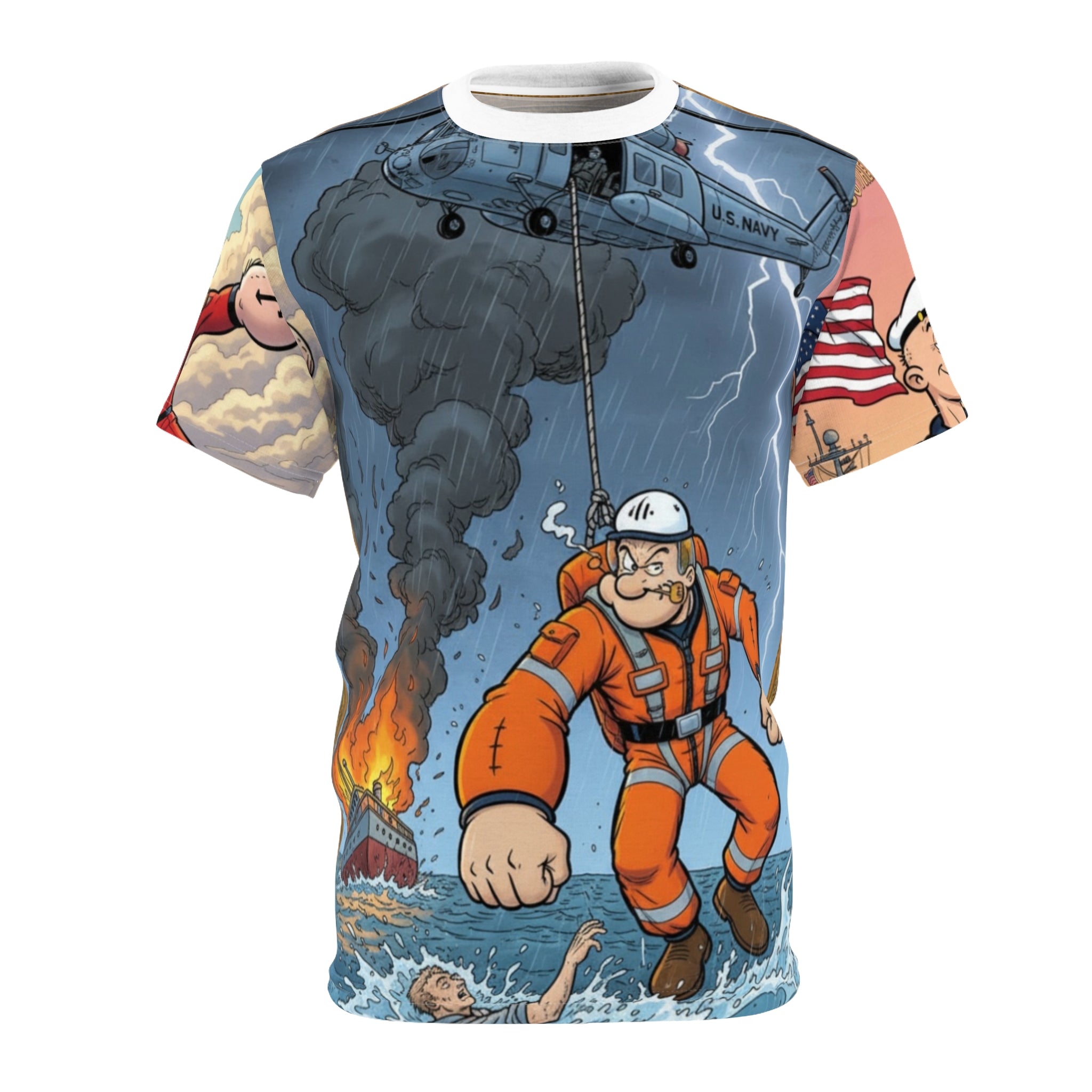 Rescue Helicopter Graphic Tee — Navy SAR Hero All-Over Print