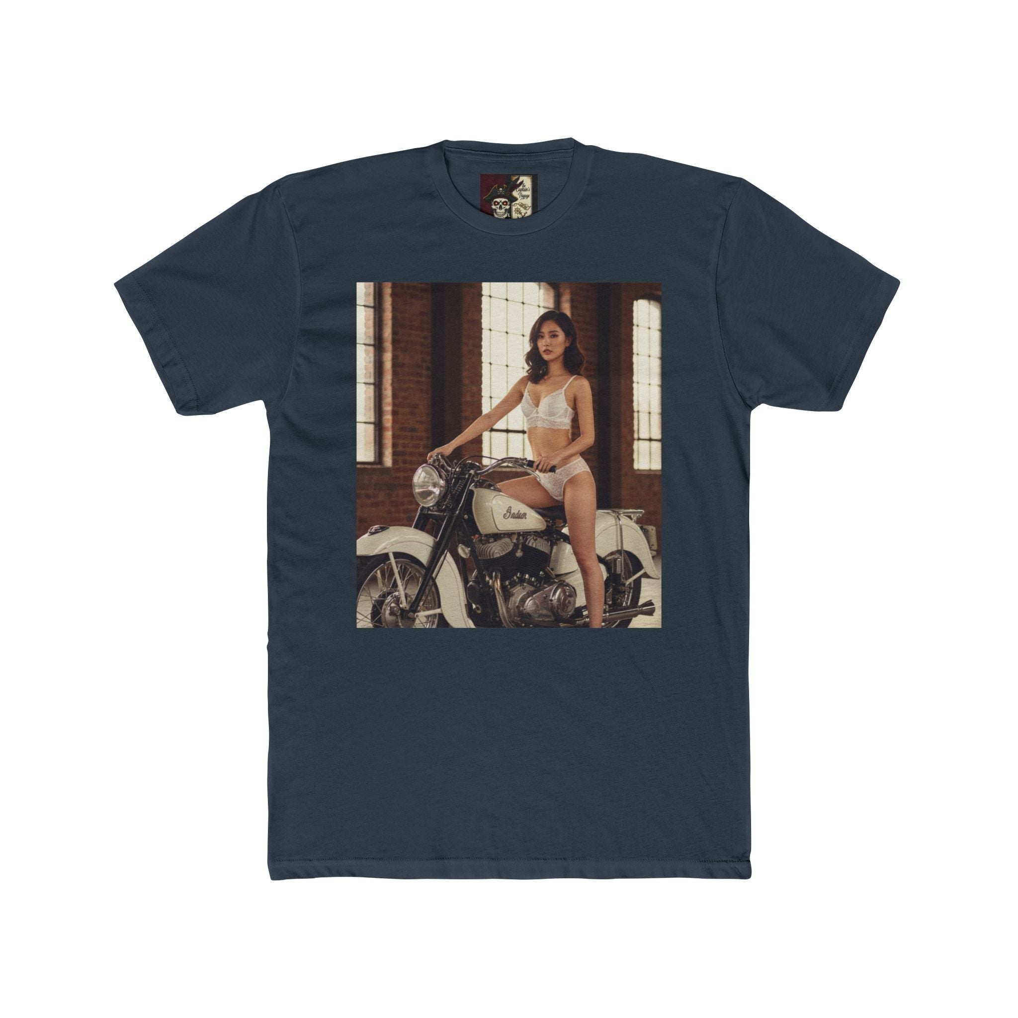 Vintage Motorcycle Pinup Tee — Retro Biker Photo Crewneck