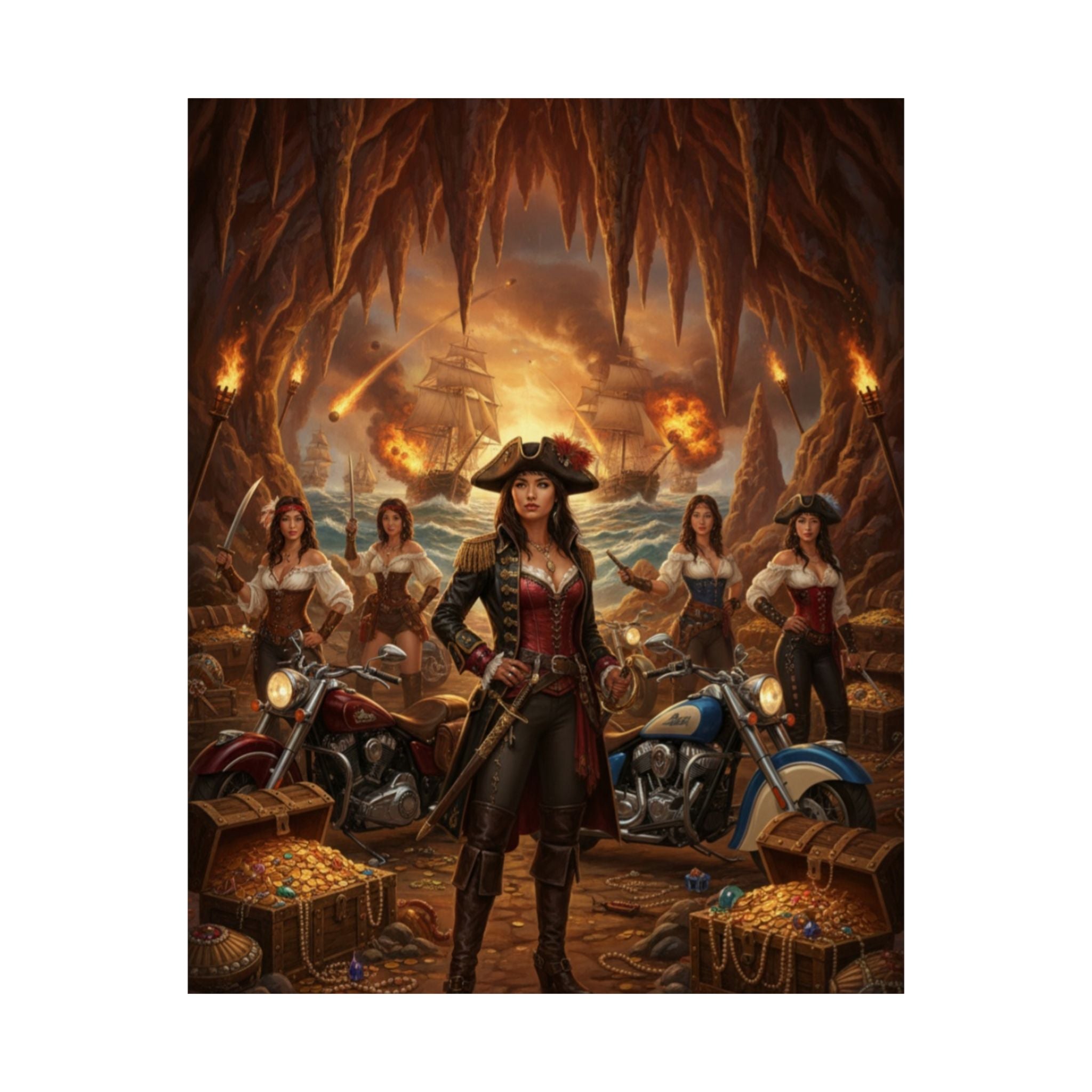 Pirate Queen Matte Poster — Fantasy Biker Treasure Cave Wall Art