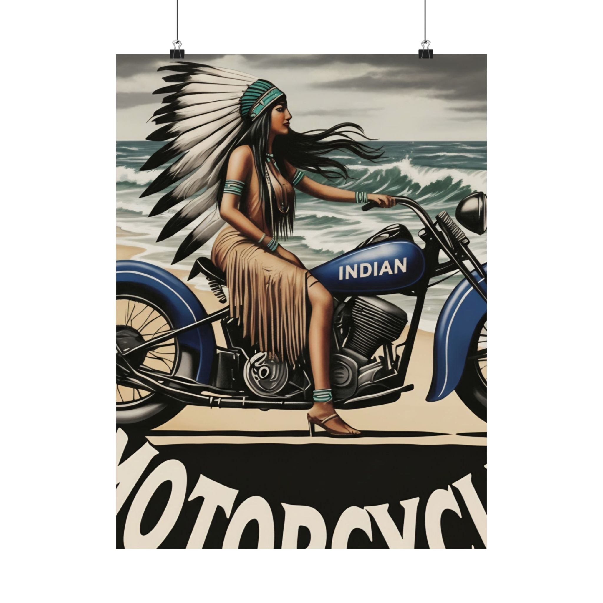 Vintage Motorcycle Poster — Native American Woman on Bike Matte Vertical Print