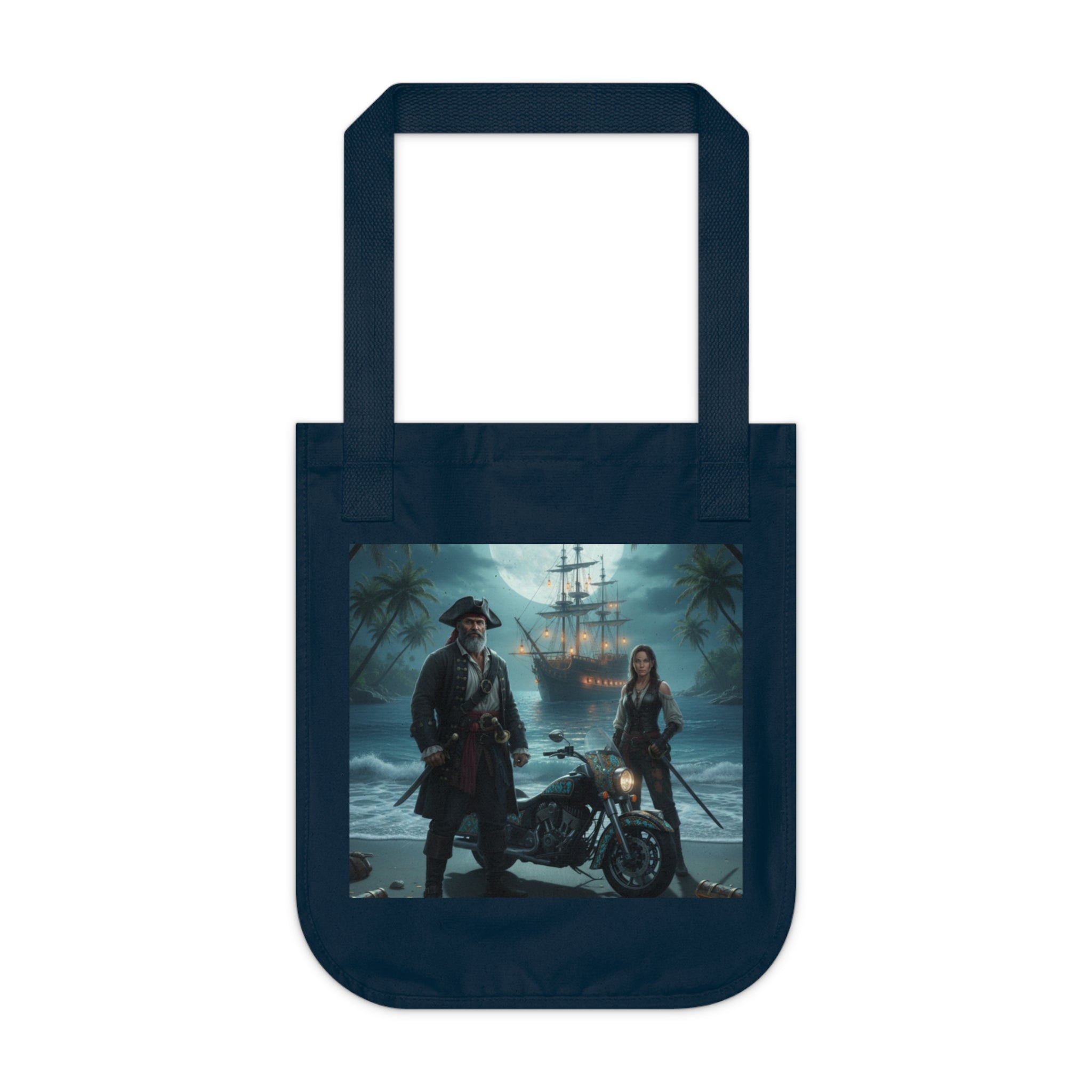 Pirate Night Motorcycle Tote — Moonlit Ship & Buccaneers Organic Canvas Bag