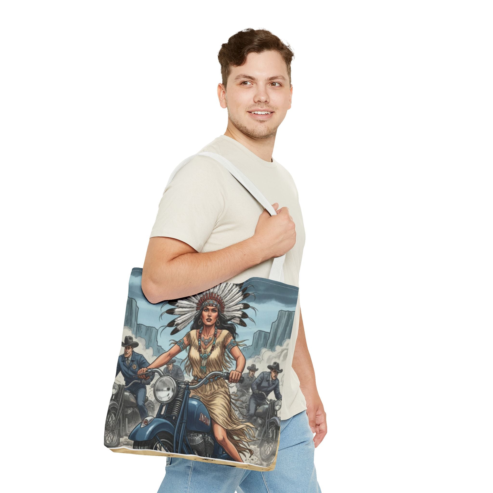 Vintage Biker Tote Bag — Motorcycle Pinup with Headdress