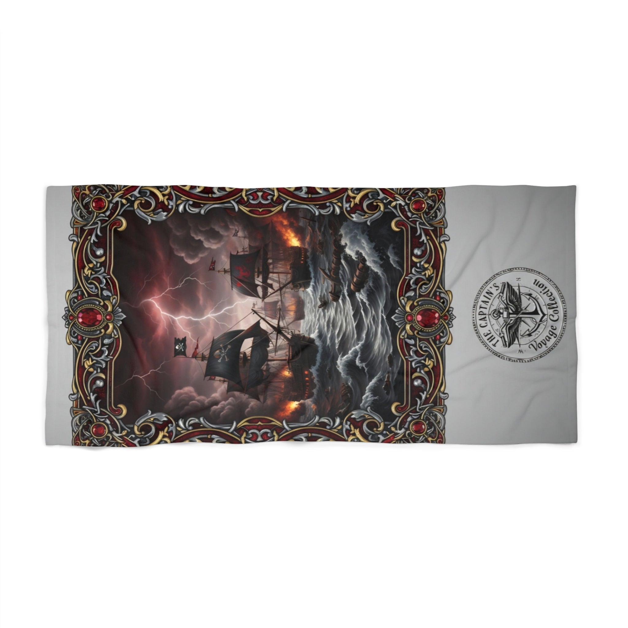 Pirate Ship Storm Beach Towel — Nautical Gothic Ocean Scene