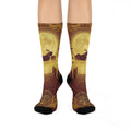 Moonlit Pier Crew Socks — Vintage Motorcycle Night Ride Design