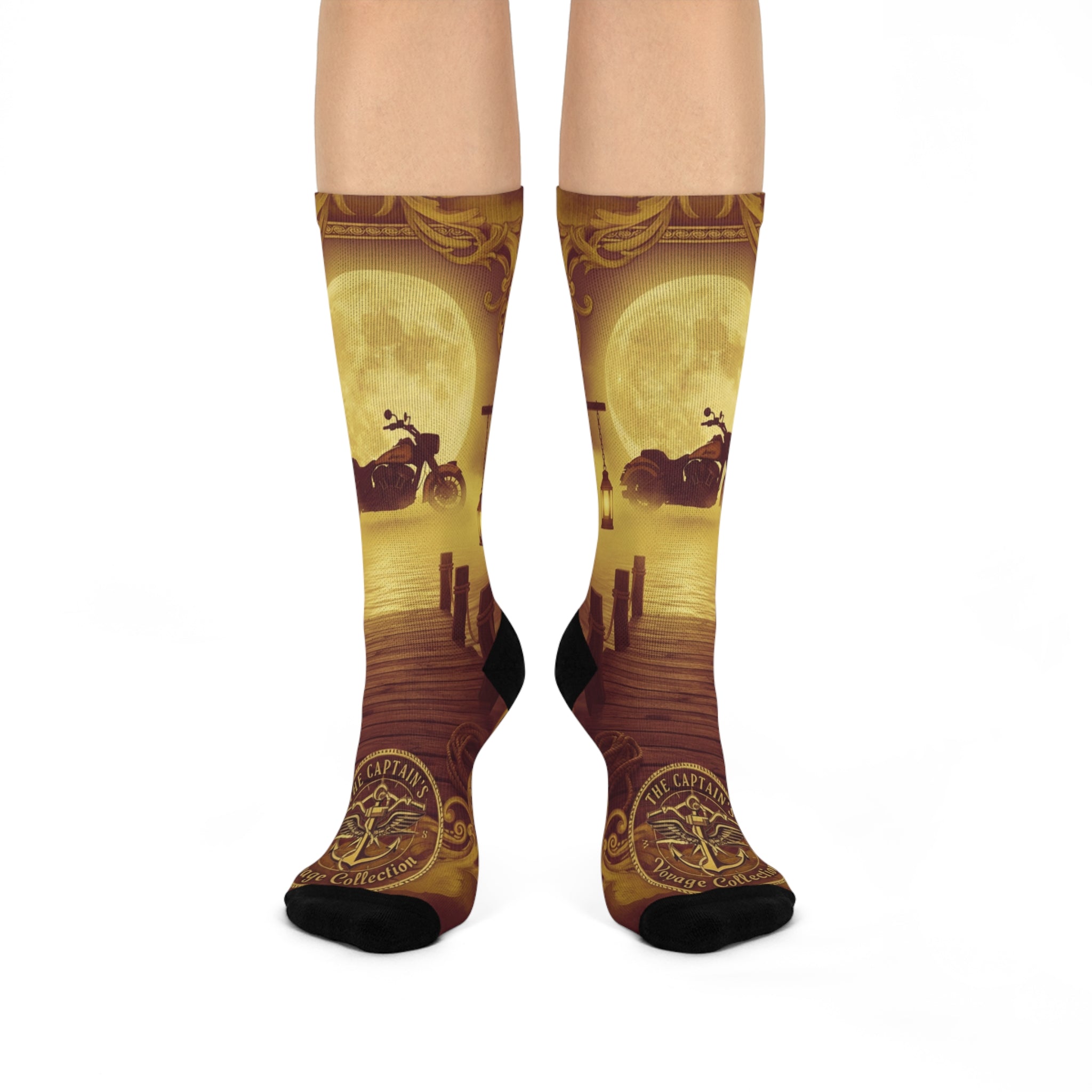 Moonlit Pier Crew Socks — Vintage Motorcycle Night Ride Design