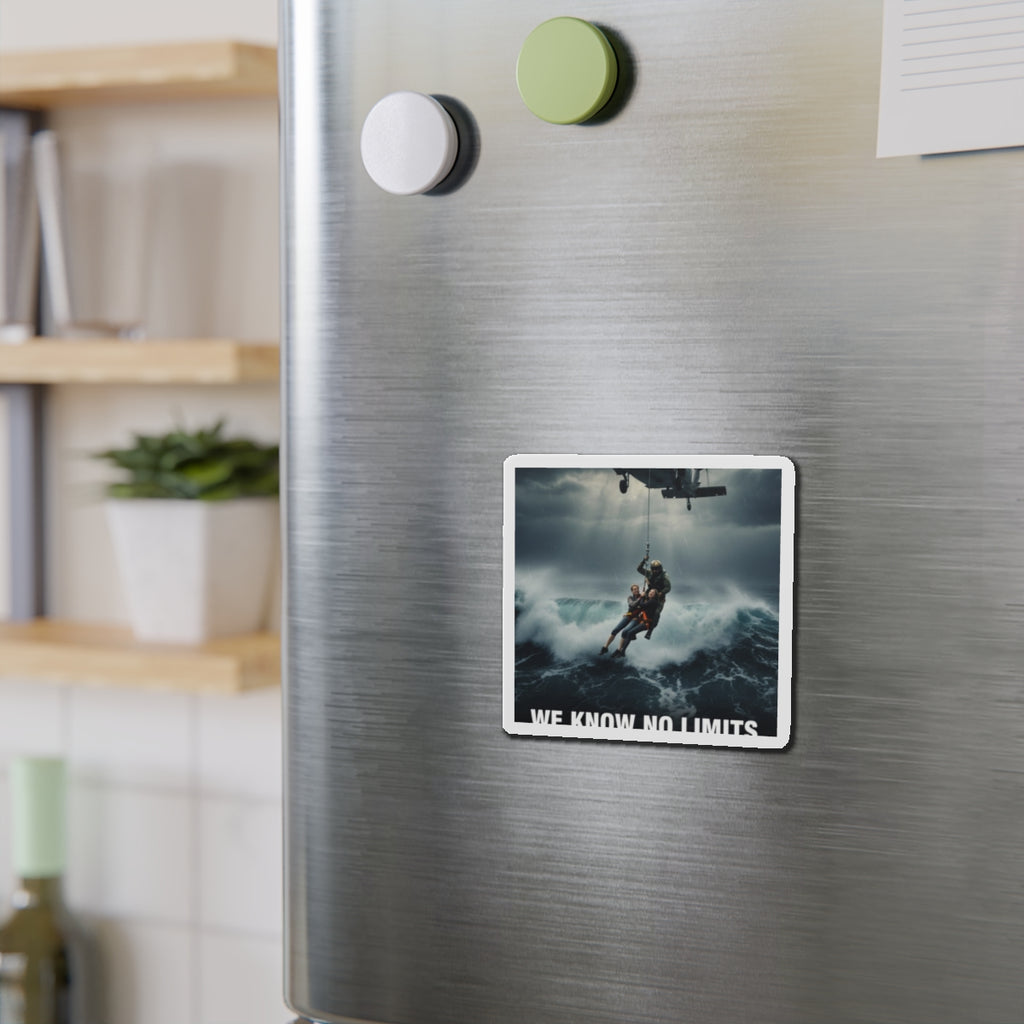 Rescue Helicopter Die-Cut Magnet — 'We Know No Limits' Ocean Rescue Design