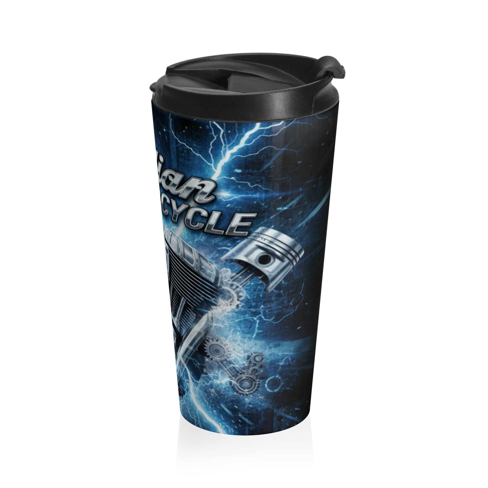 Indian Motorcycle Stainless Steel Travel Mug – Blue Lightning Engine Design