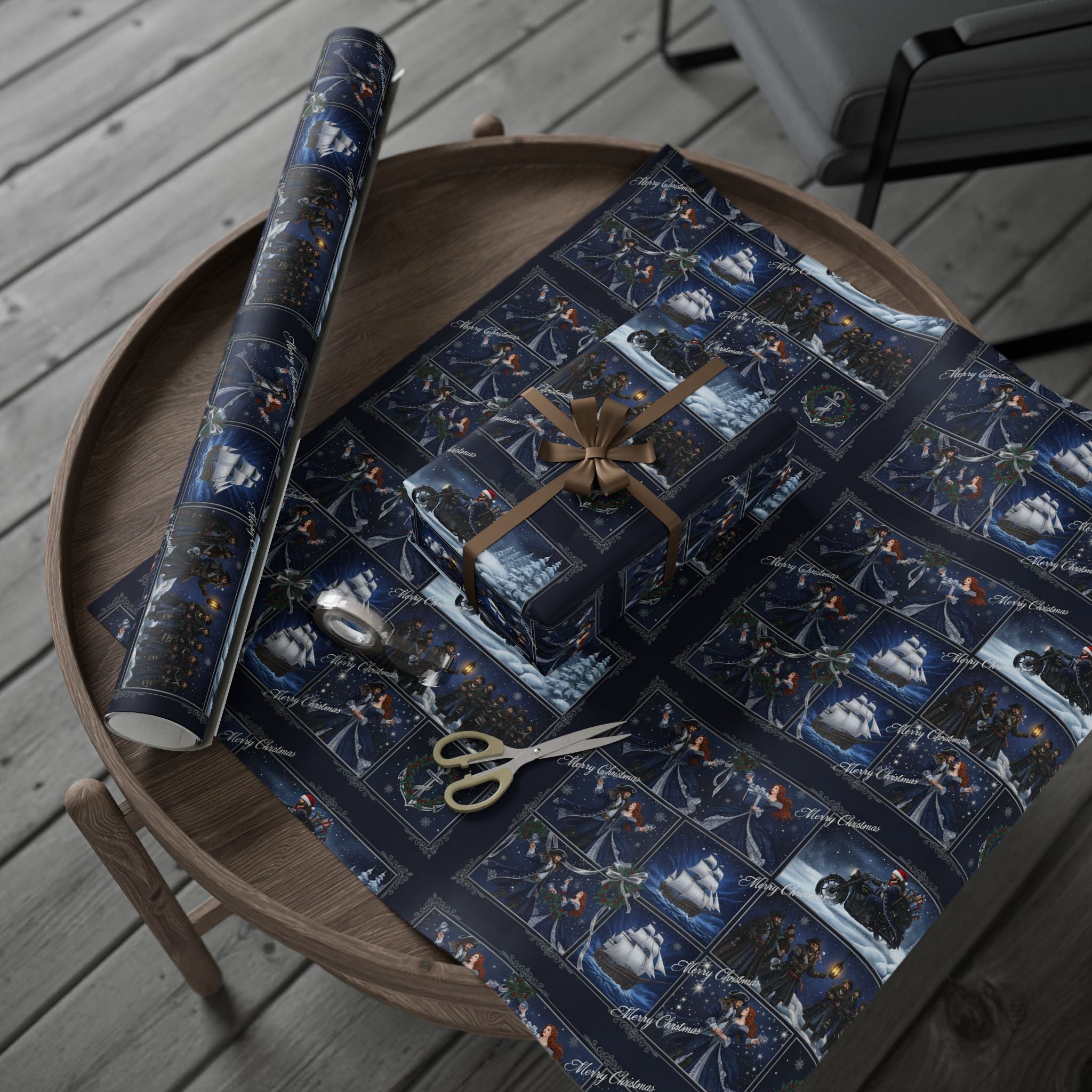 Wrapping Paper - Festive Navy Holiday Scene Gift Wrap (Snow, Sleigh, Night Sky)