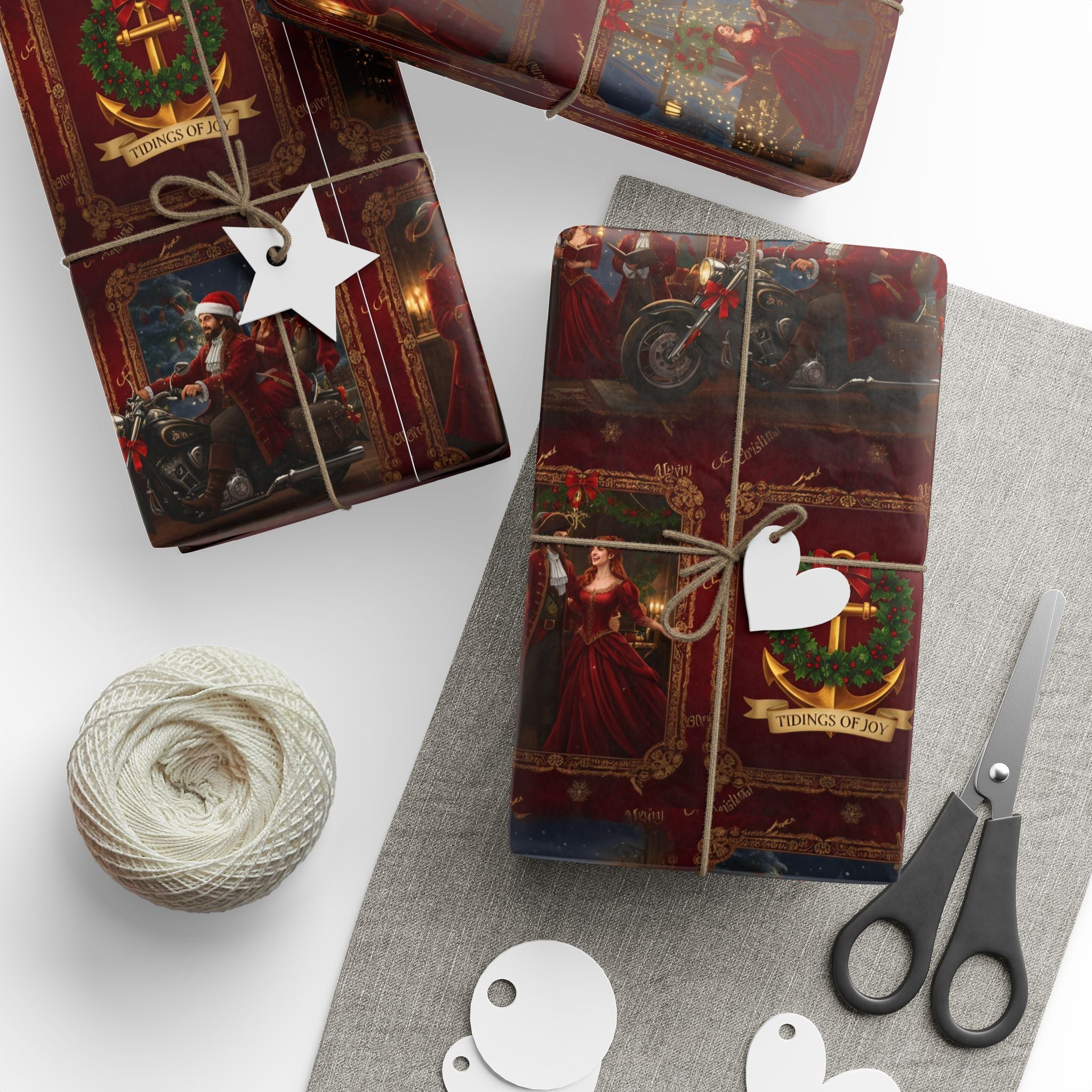 Wrapping Paper Roll — Vintage Holiday Sleigh & Ornament Pattern (Red & Gold)
