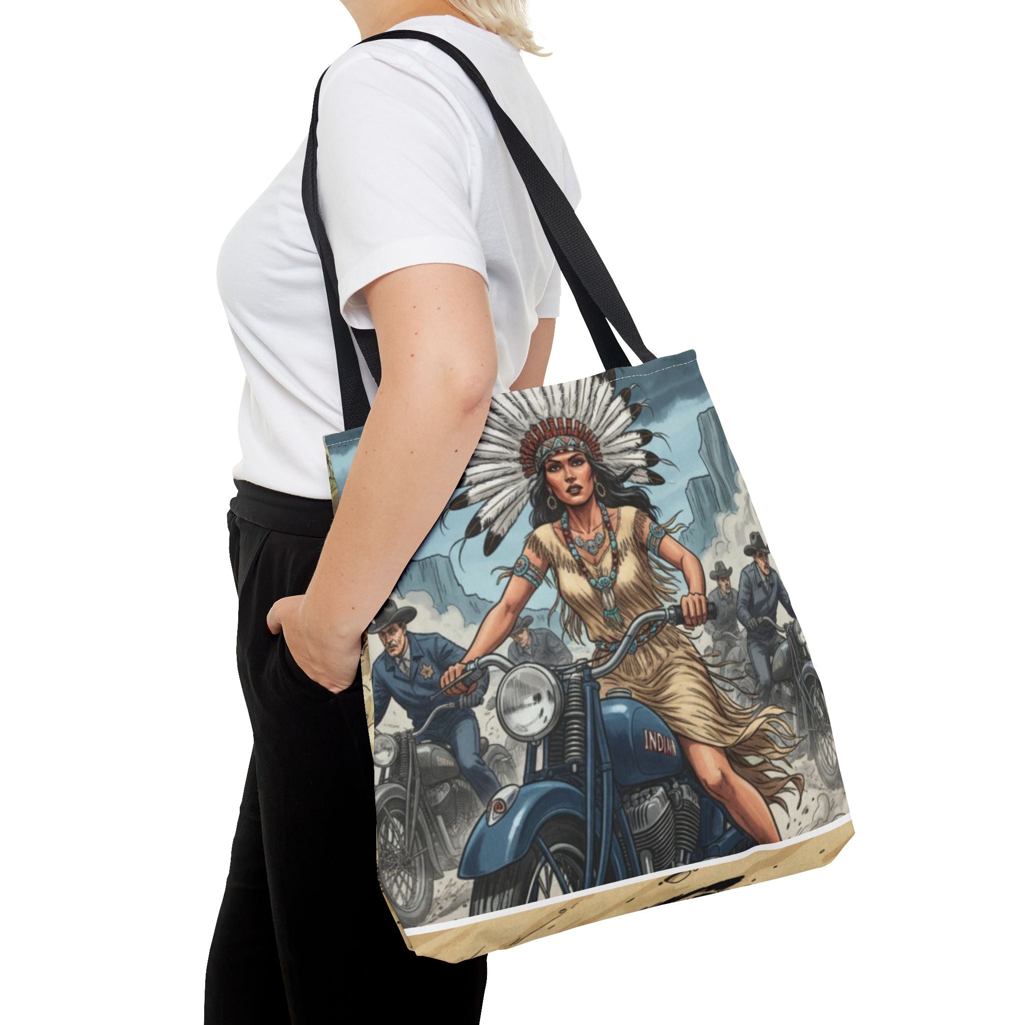 Vintage Biker Tote Bag — Motorcycle Pinup with Headdress