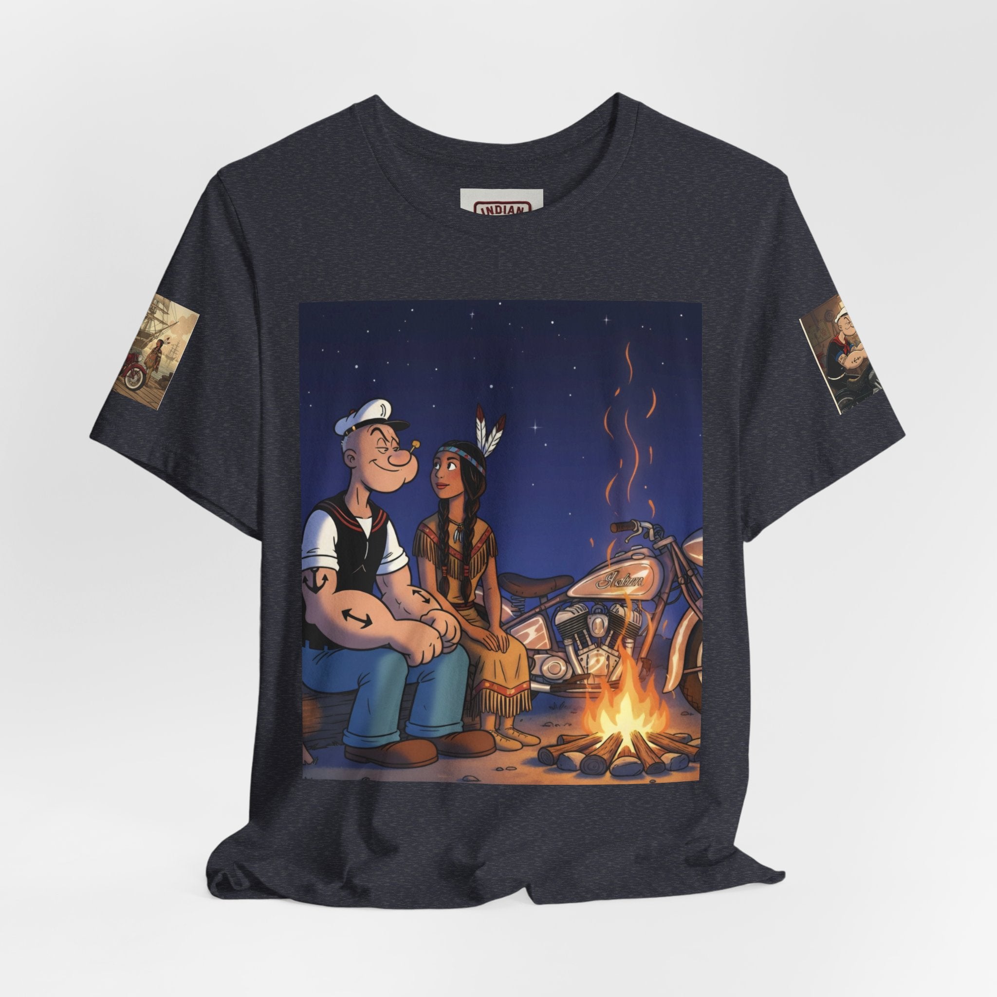 Popeye & Olive Adventure Tee — Vintage Motorcycle Campfire Graphic T-Shirt
