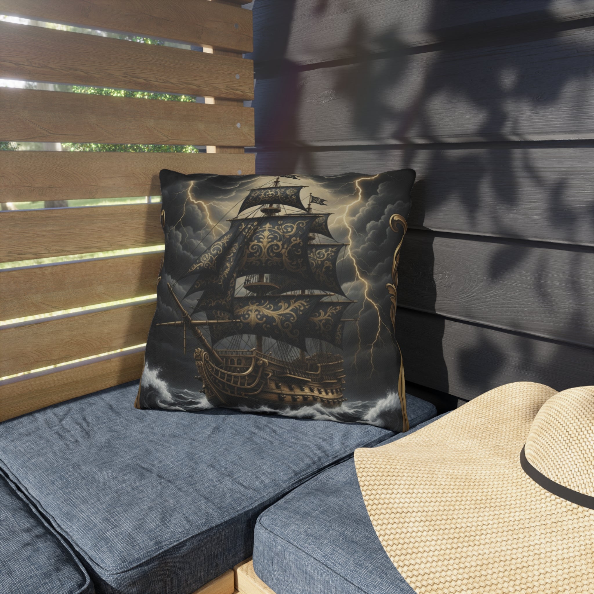 Nautical Black Pirate Ship Outdoor Pillow - "The Captain's Voyage Collection" Accent Cushion