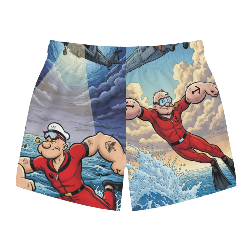 Popeye Nautical Swim Trunks — Cartoon Sailor All-Over Print Beach Shorts
