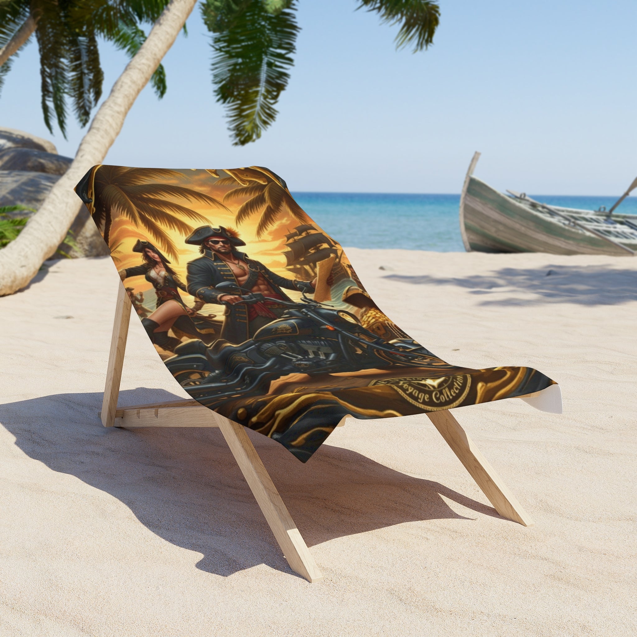 Pirate Biker Beach Towel — Vintage Skull Motorcycle Tropical Sunset