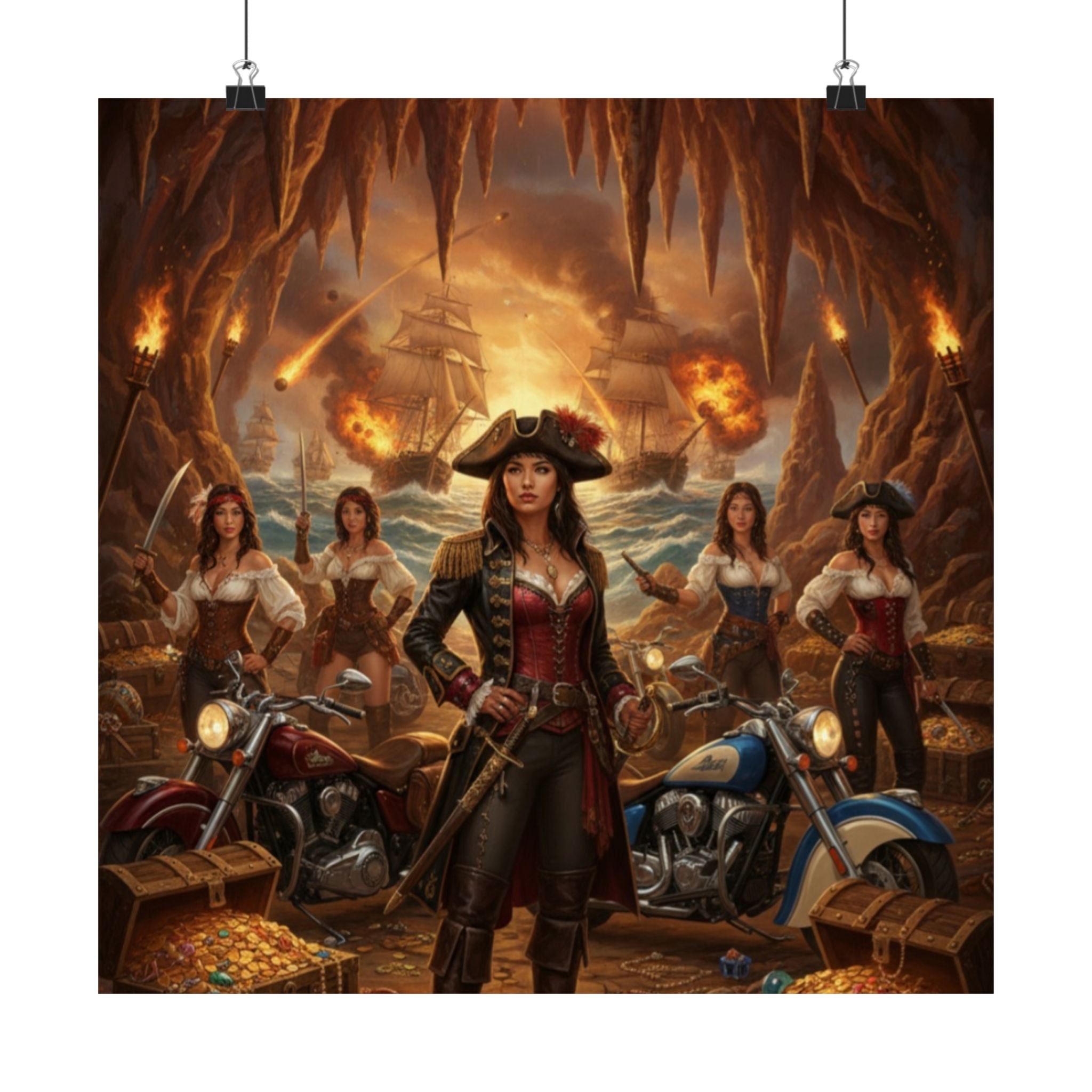 Pirate Queen Matte Poster — Fantasy Biker Treasure Cave Wall Art