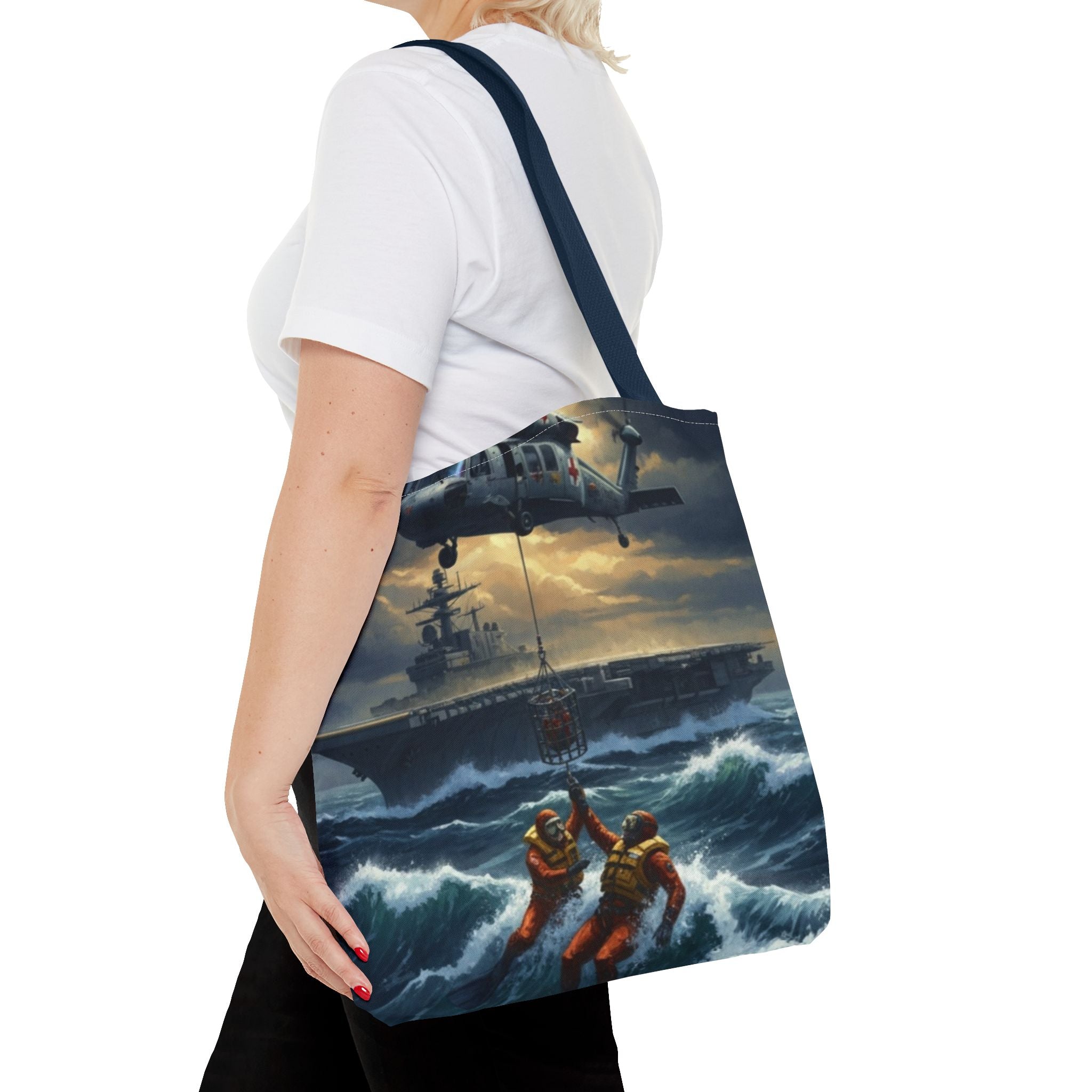 Rescue Squadron Tote Bag – Military Helicopter & Ship Search and Rescue Artwork