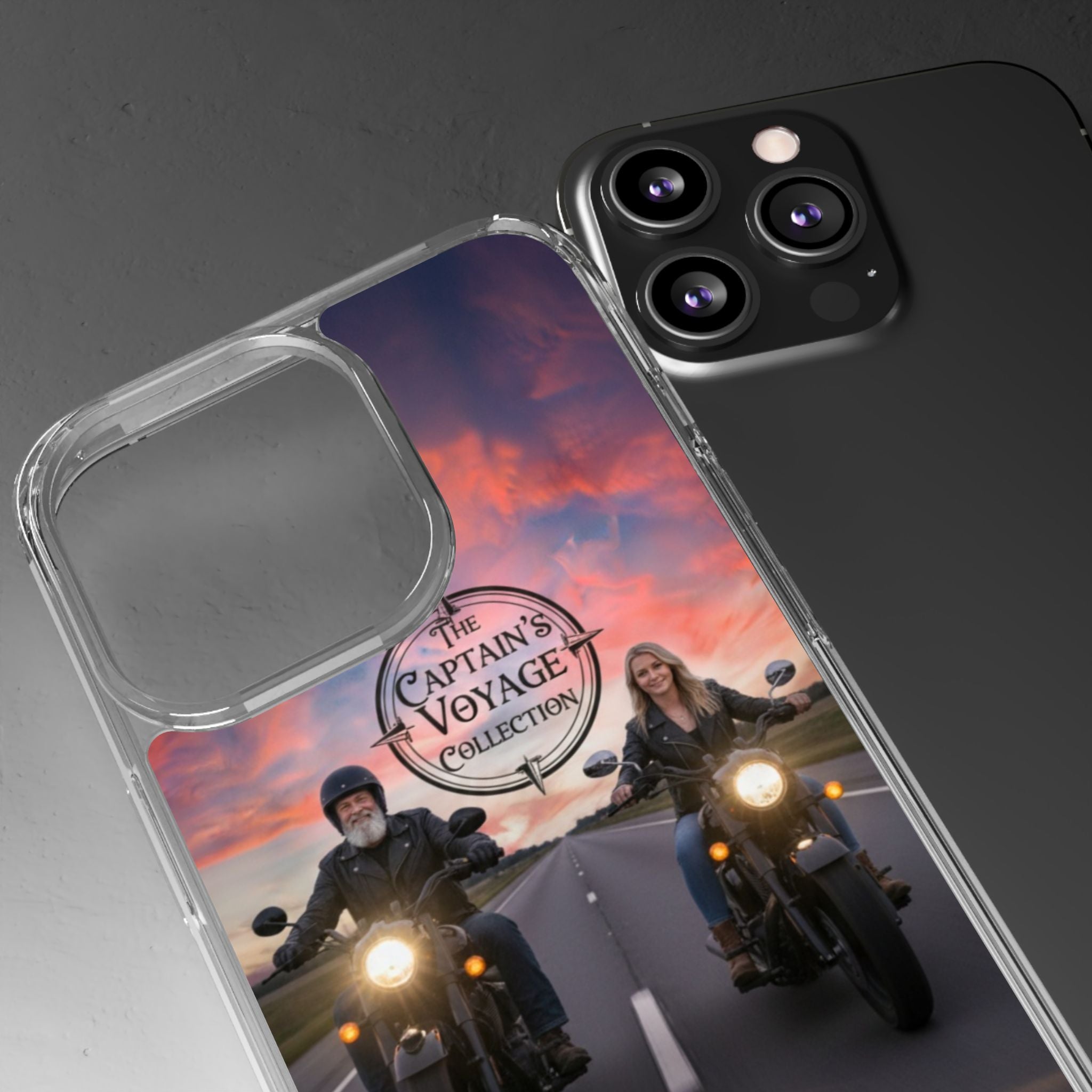 Clear Phone Case — 'The Captain's Voyage Collection' Motorcycle Sunset Design