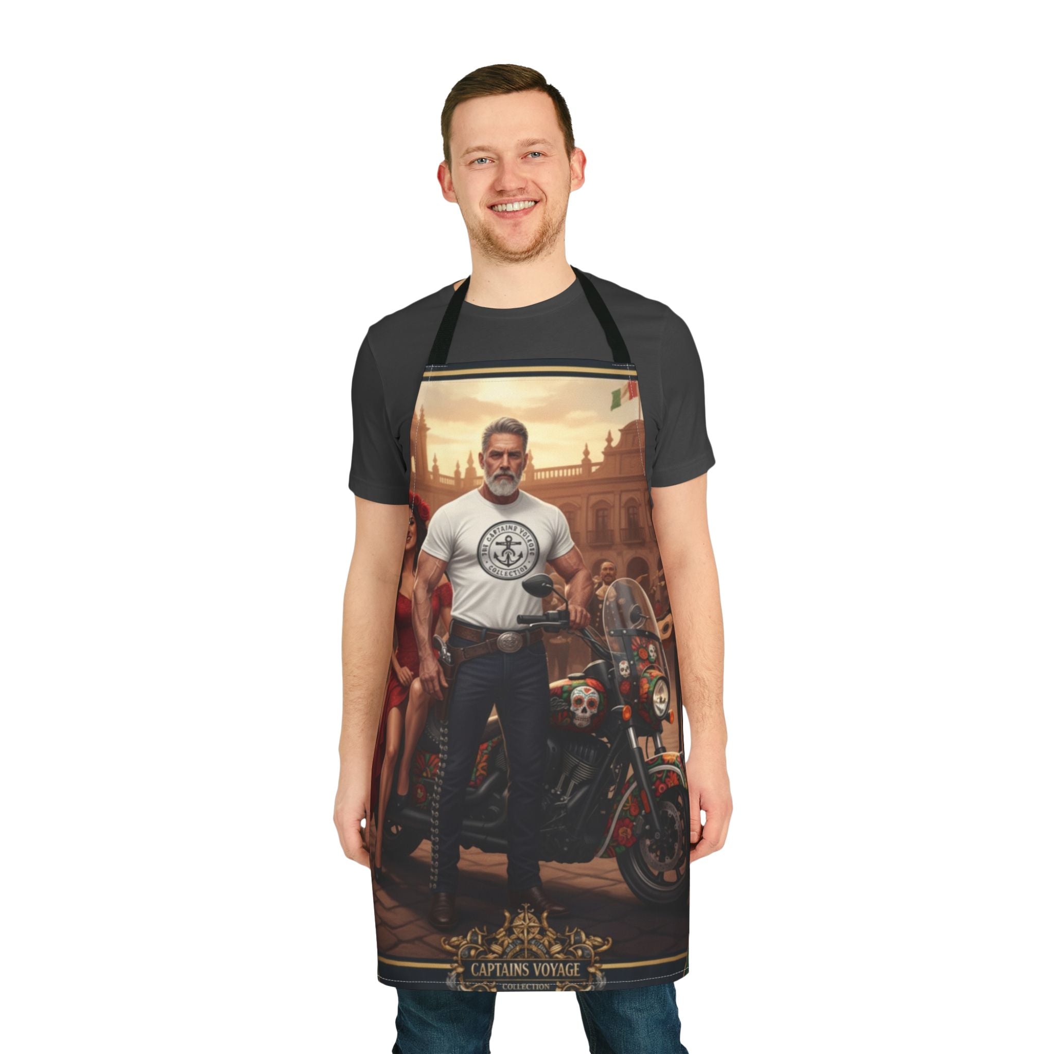 Captain’s Voyage Biker Apron — Vintage Motorcycle Chef Apron with Rider & Pin-Up Design