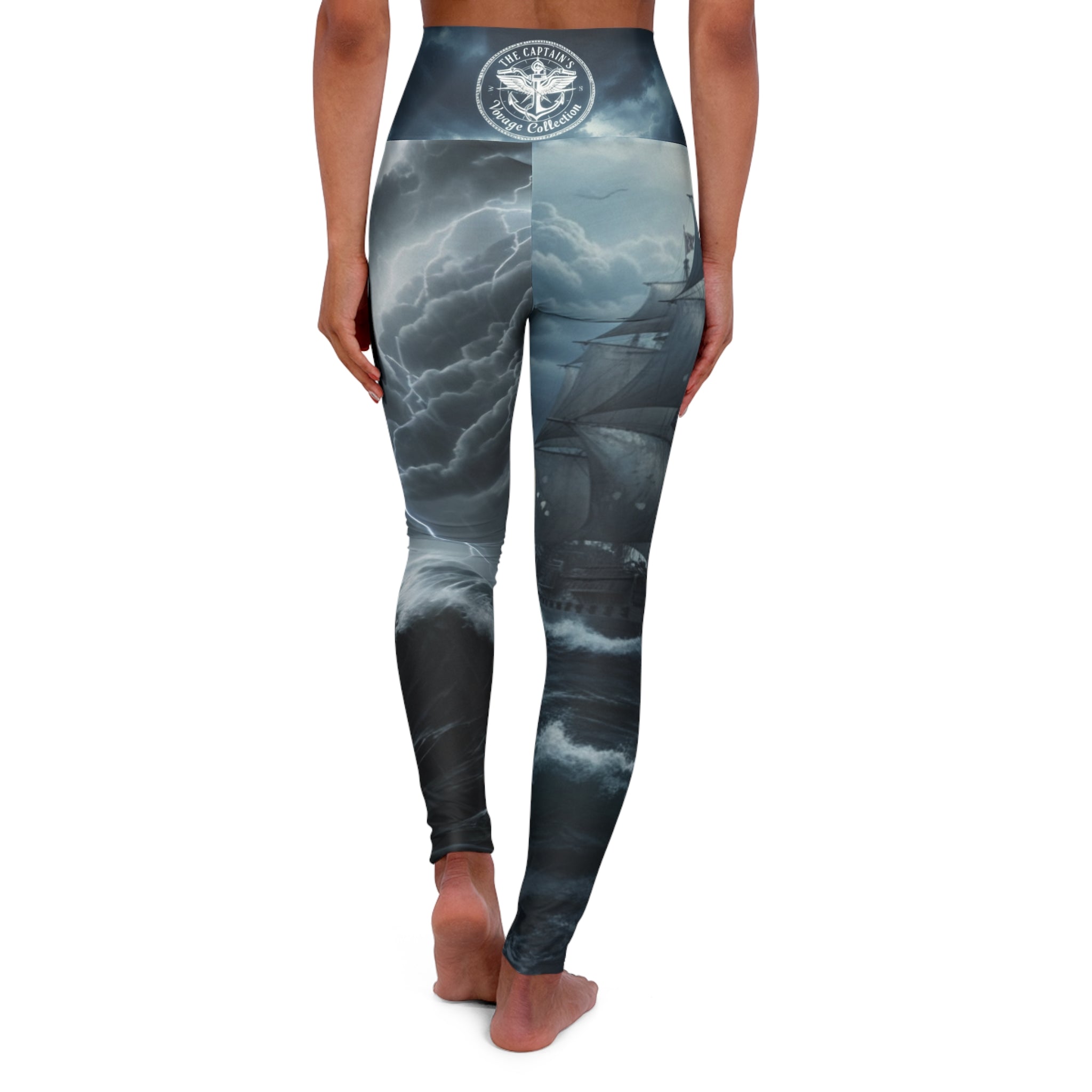 Stormy Seas High-Waist Yoga Leggings — Nautical Ship & Clouds Print