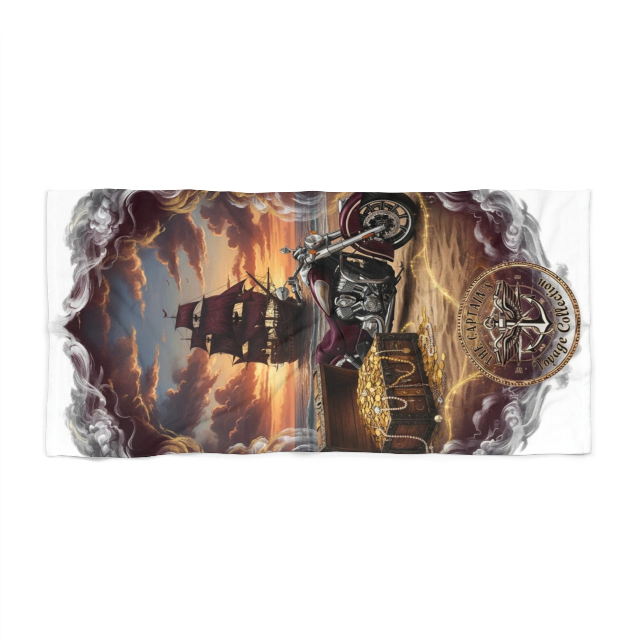 Pirate Treasure Ship Beach Towel — Vintage Compass & Skull Sunset Design