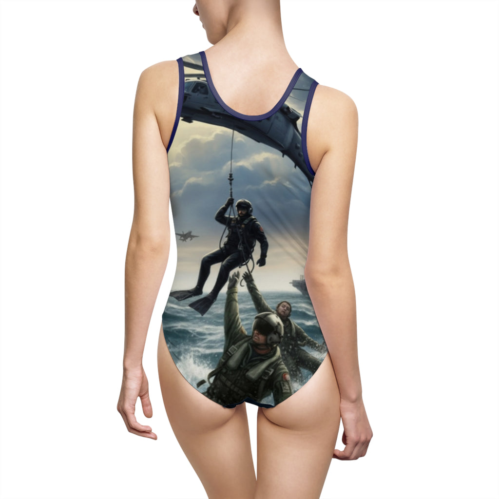 Military Rescue One-Piece Swimsuit — Combat Helicopter & Paratrooper Beachwear